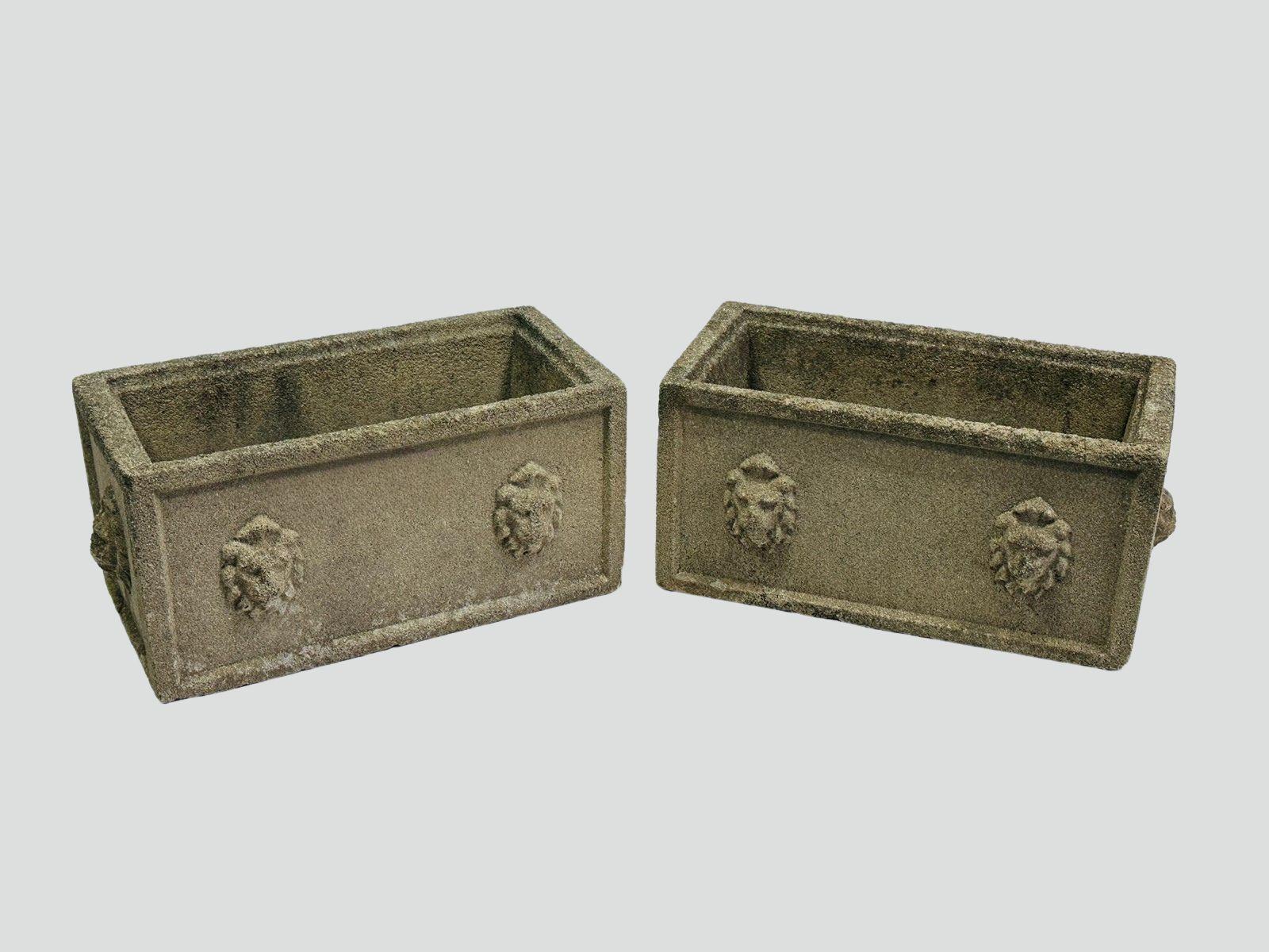Rustic Pair of Vintage Concrete Lion Head Planters For Sale