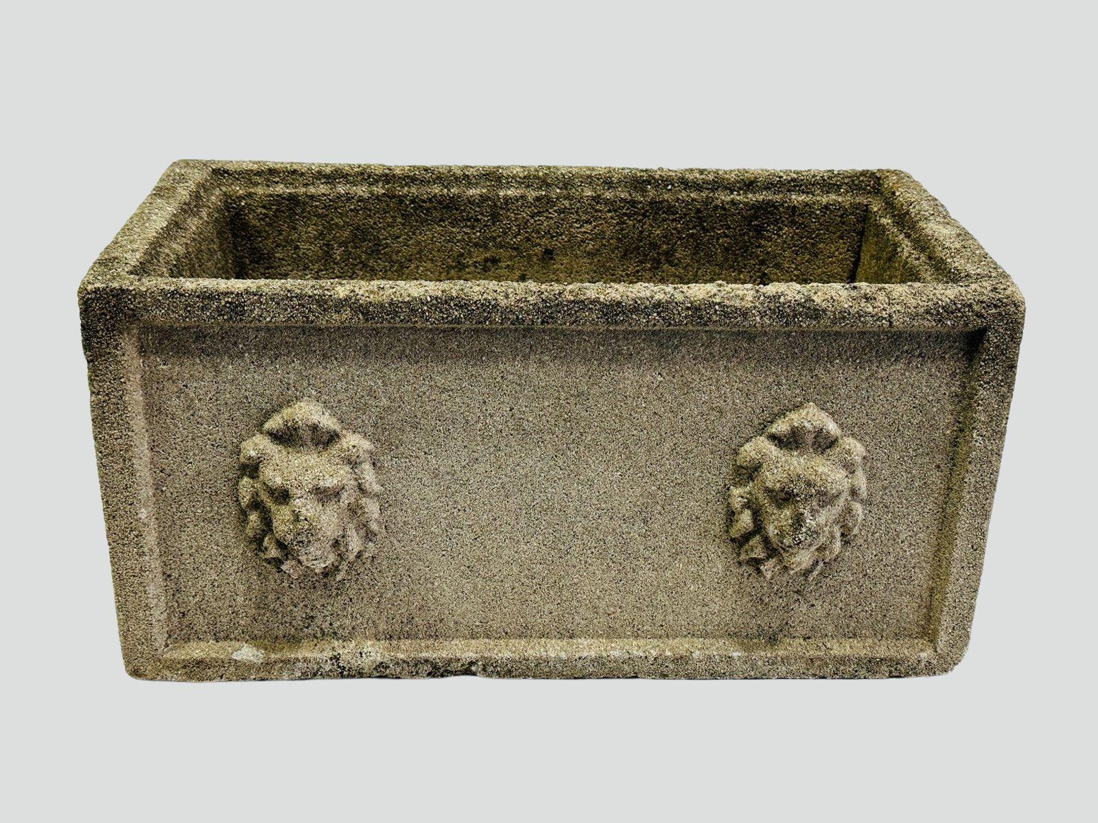 Cast Pair of Vintage Concrete Lion Head Planters For Sale