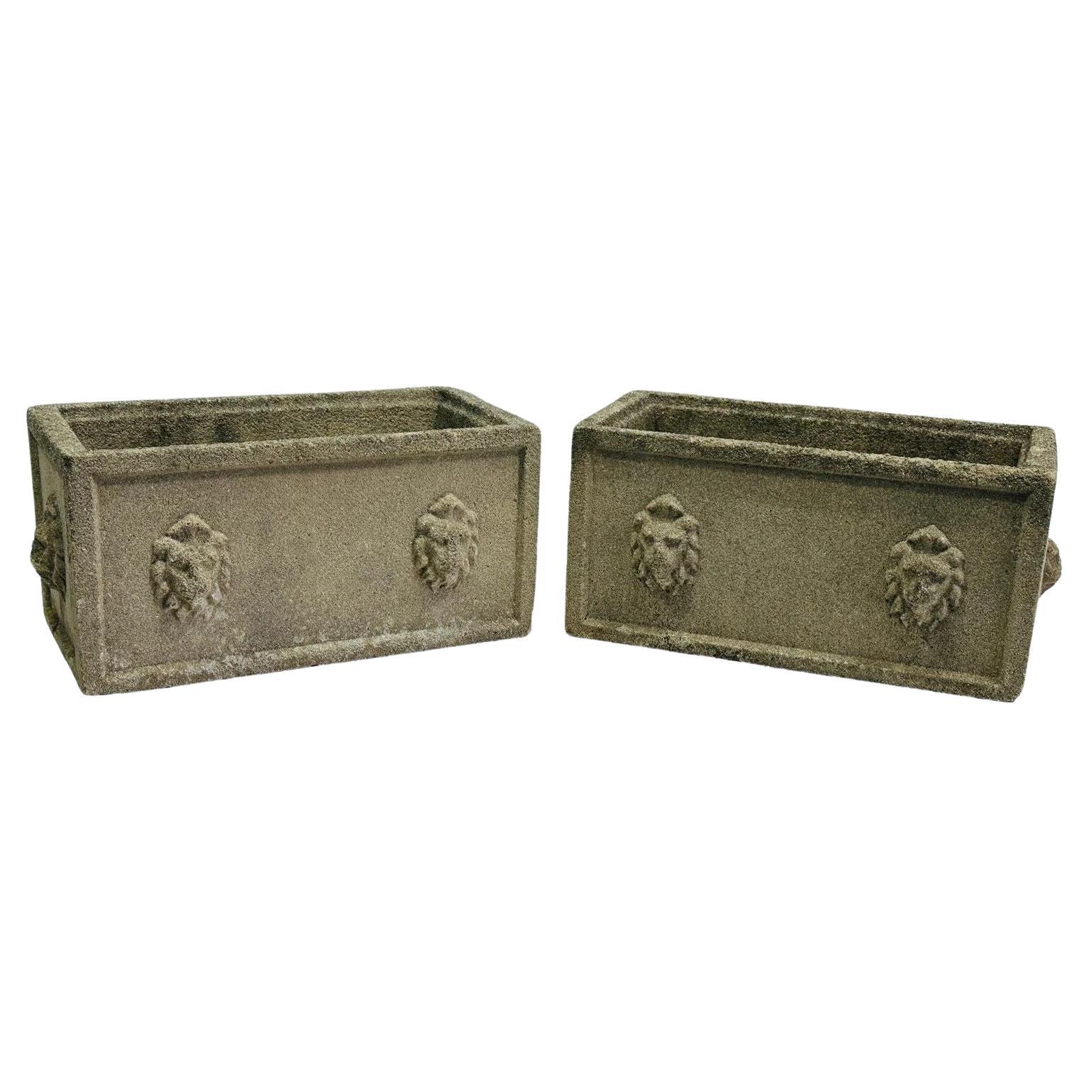 Pair of Vintage Concrete Lion Head Planters