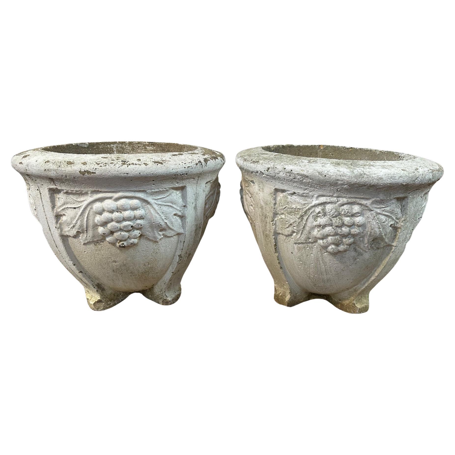 Paire de jardinières vintage en béton avec motif de raisin en vente