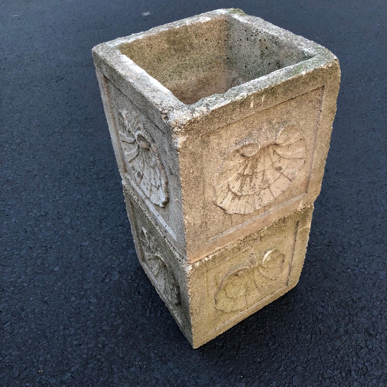 Pair of Vintage Concrete Planters with Large Shell Decoration at