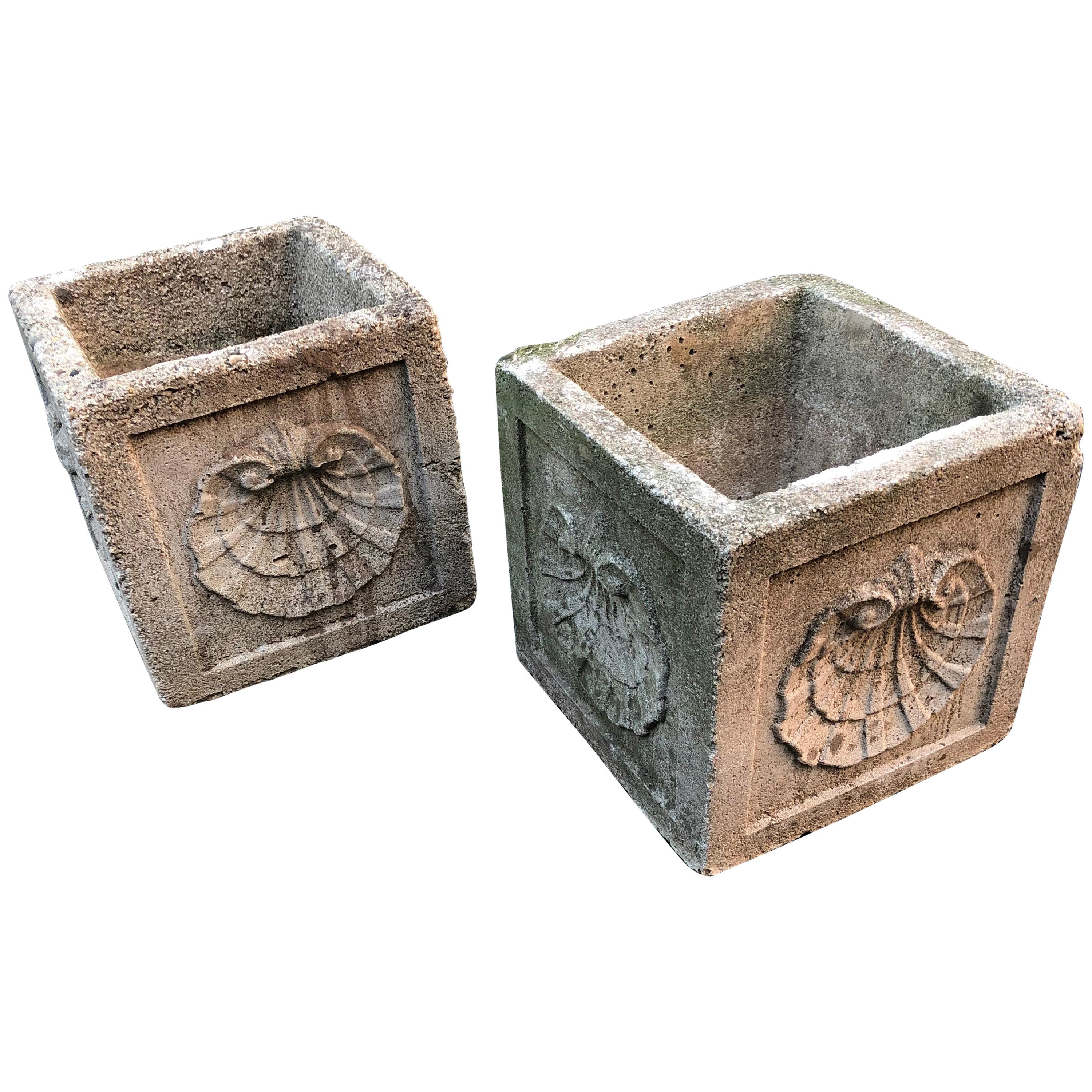 Pair of Vintage Concrete Planters with Large Shell Decoration at