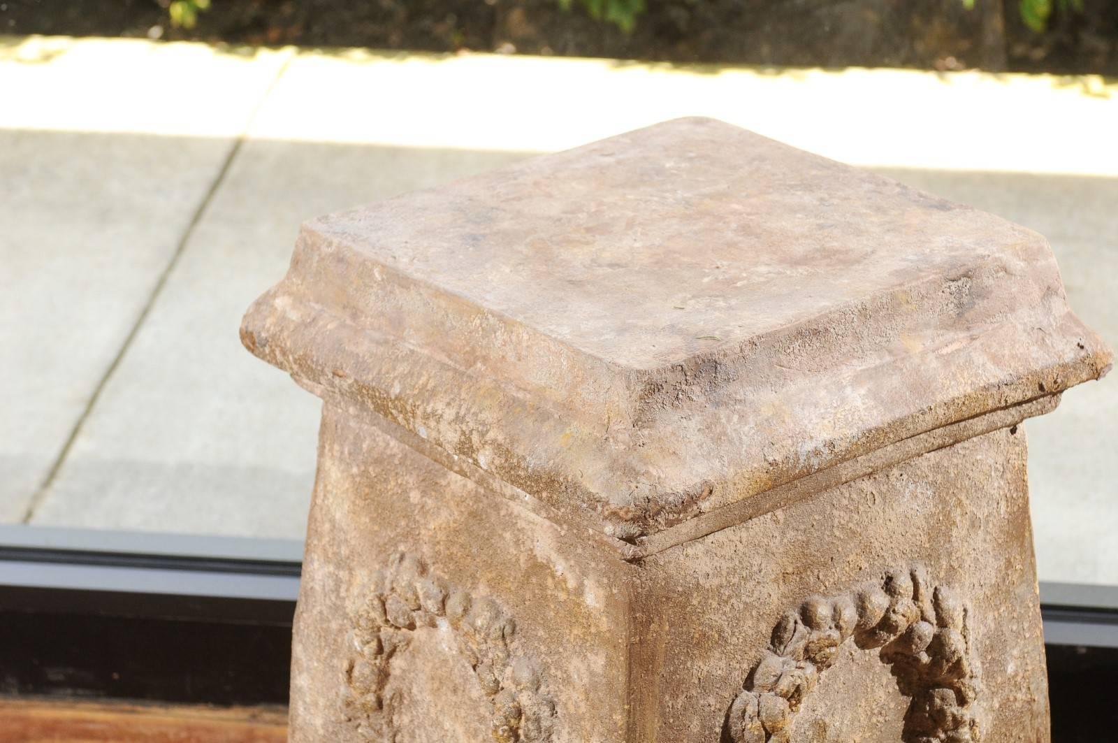 20th Century Pair of Vintage Continental Faux Stone Garden Plinths with Wreath Motifs, 1960s For Sale