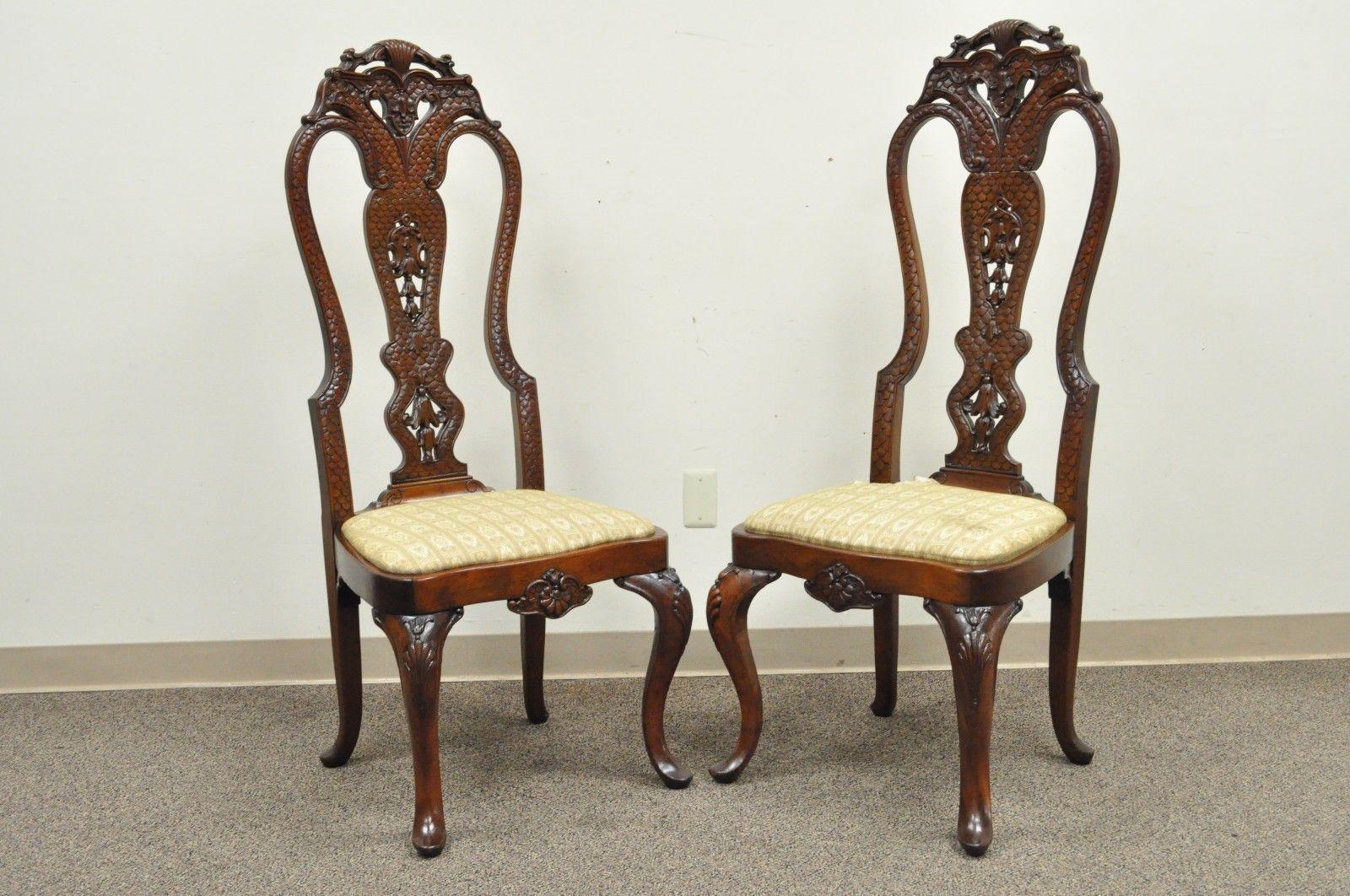 Pair of Vintage Continental Style Reptile Scale Carved Mahogany Side Chairs 6