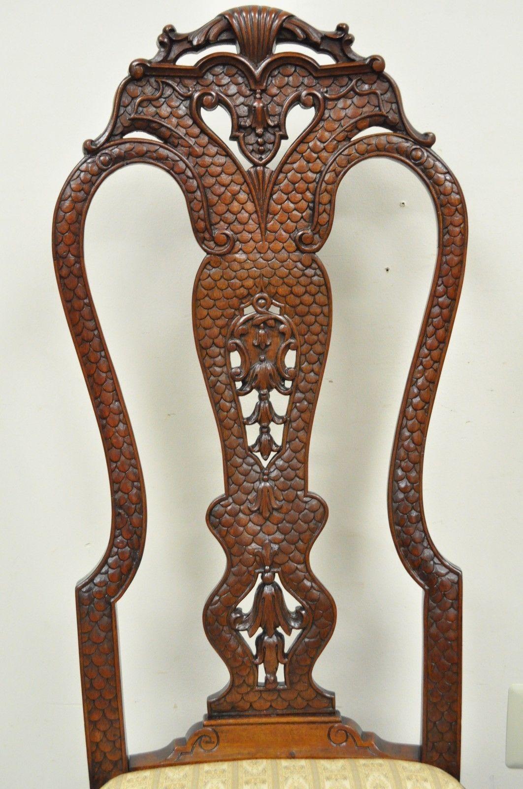 Regency Pair of Vintage Continental Style Reptile Scale Carved Mahogany Side Chairs