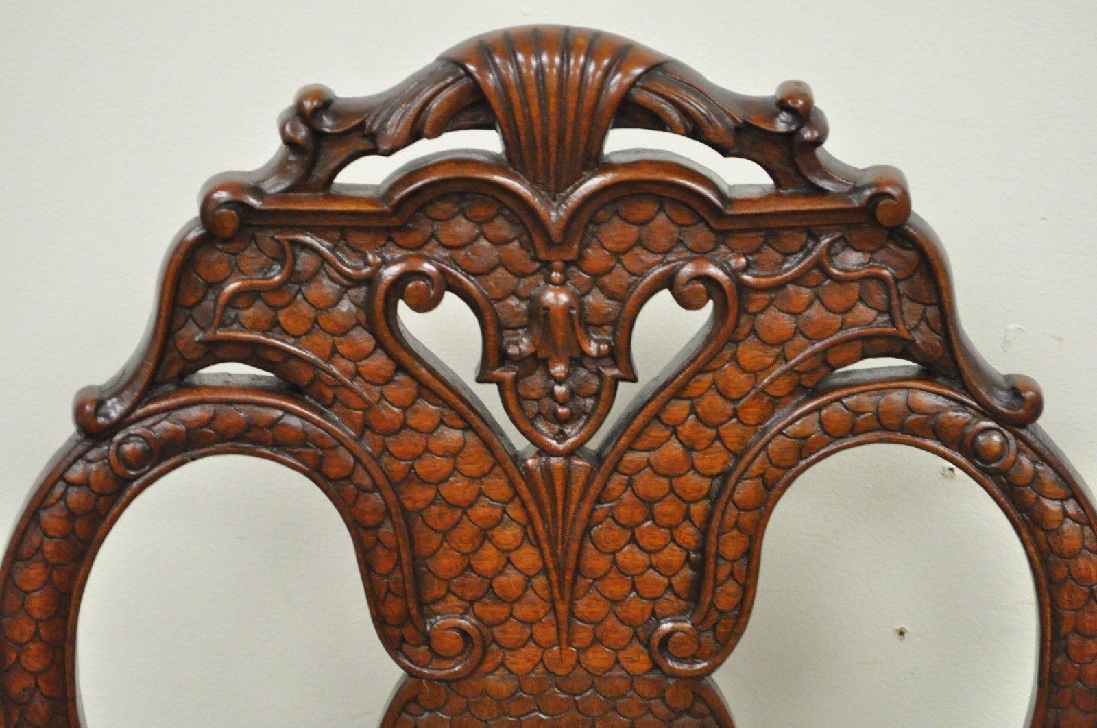 Pair of Vintage Continental Style Reptile Scale Carved Mahogany Side Chairs In Good Condition In Philadelphia, PA