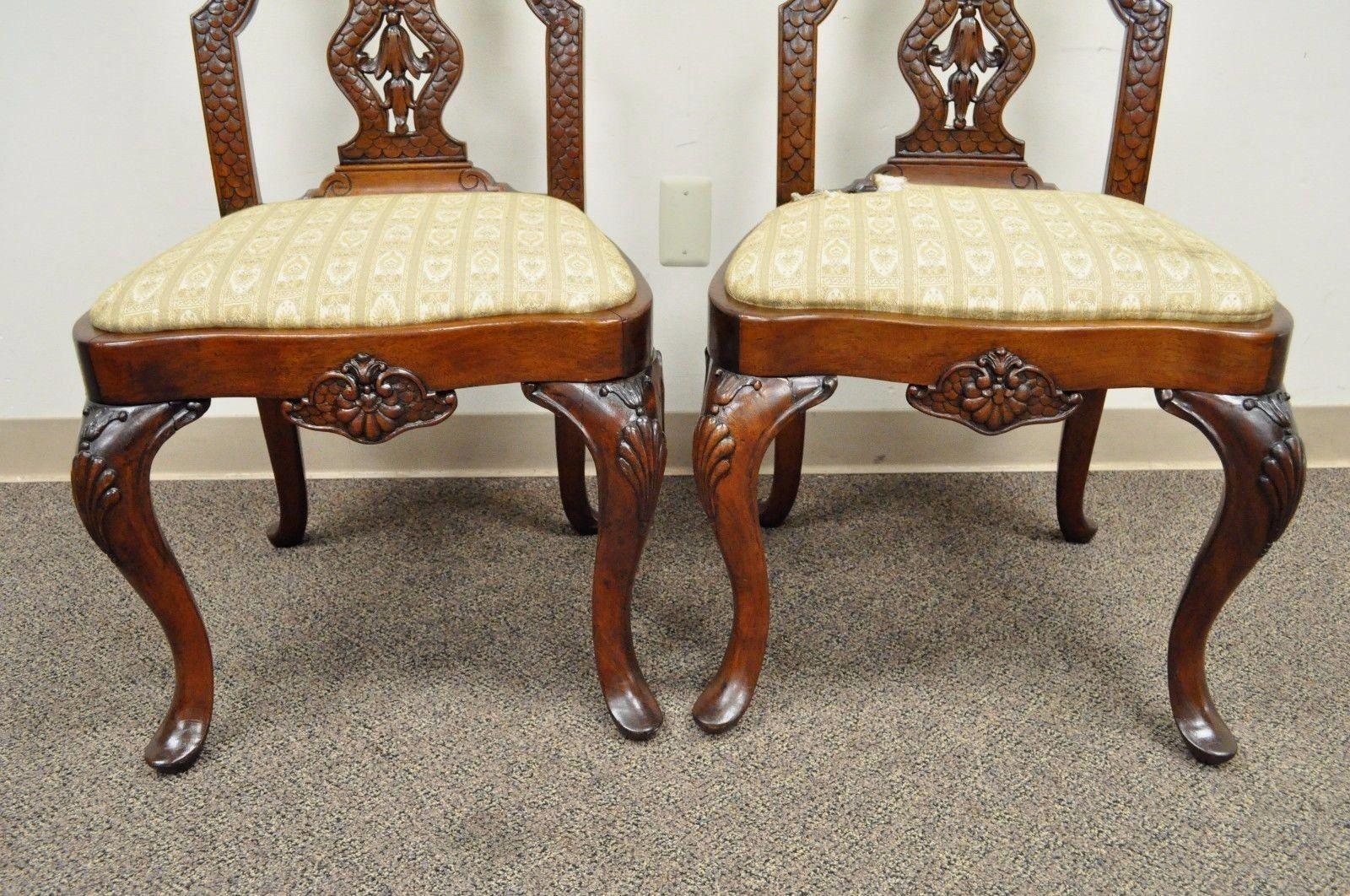 20th Century Pair of Vintage Continental Style Reptile Scale Carved Mahogany Side Chairs