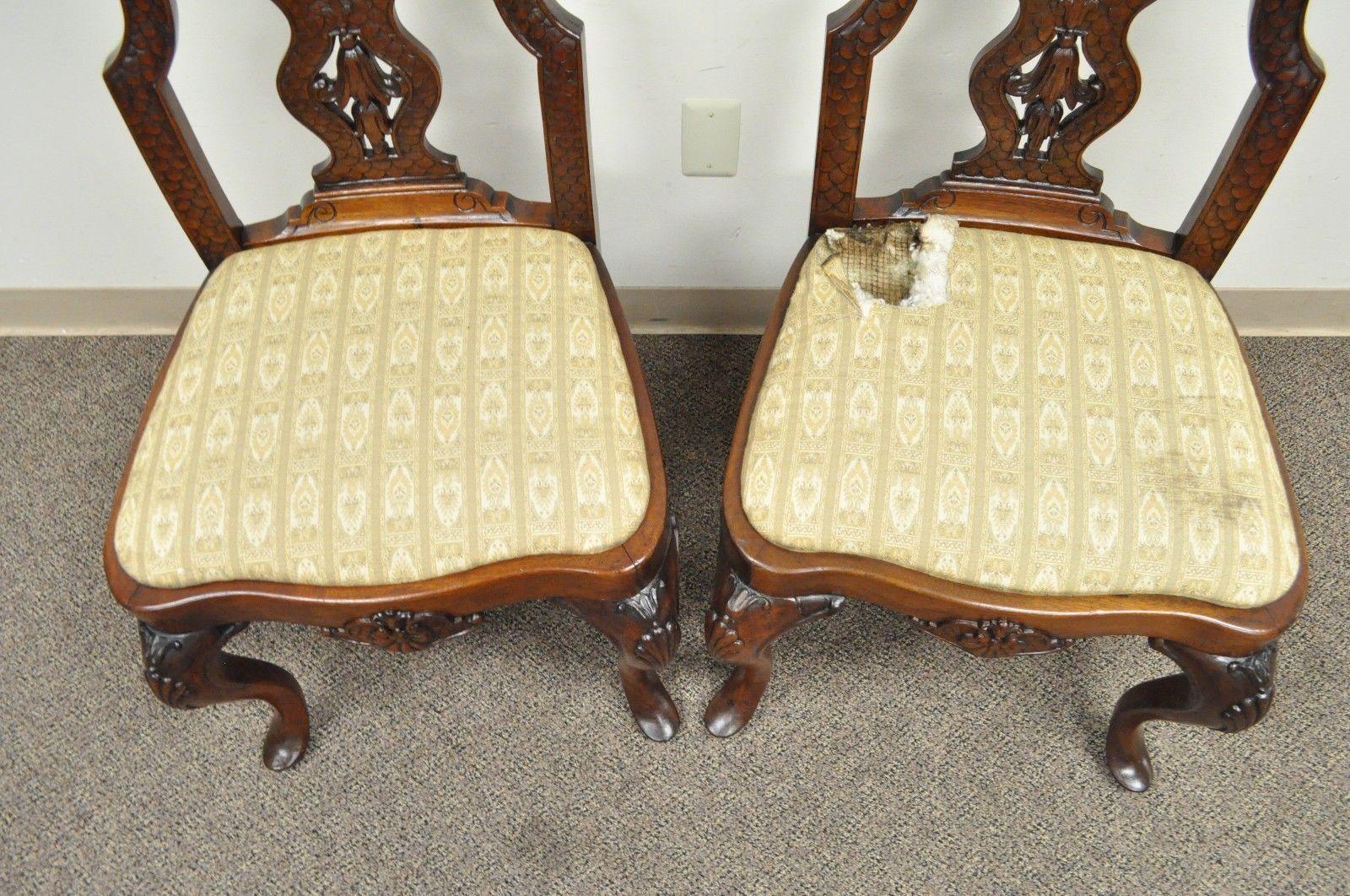 Pair of Vintage Continental Style Reptile Scale Carved Mahogany Side Chairs 2