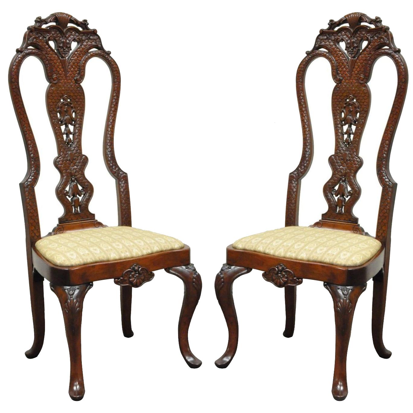 Pair of Vintage Continental Style Reptile Scale Carved Mahogany Side Chairs