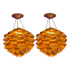 Pair of Vintage Copper Artichoke Pendant Chandelier Poul Henningson style 2000s