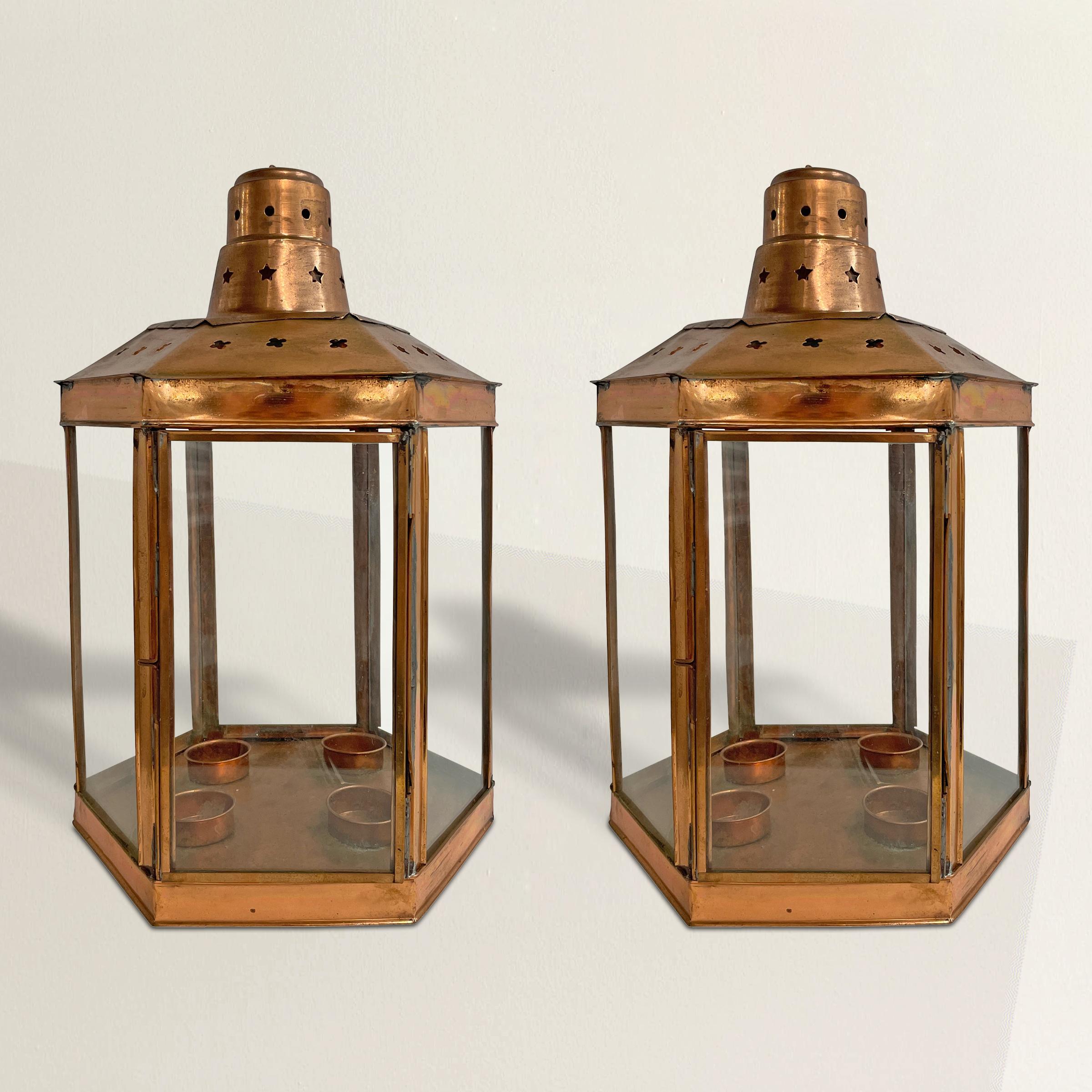 These late 20th century copper lanterns have been faithful witnesses to countless secrets that have been shared under their watchful gaze. For years, they have hung from the branches of old trees, glowing softly in the darkness and lending an air of