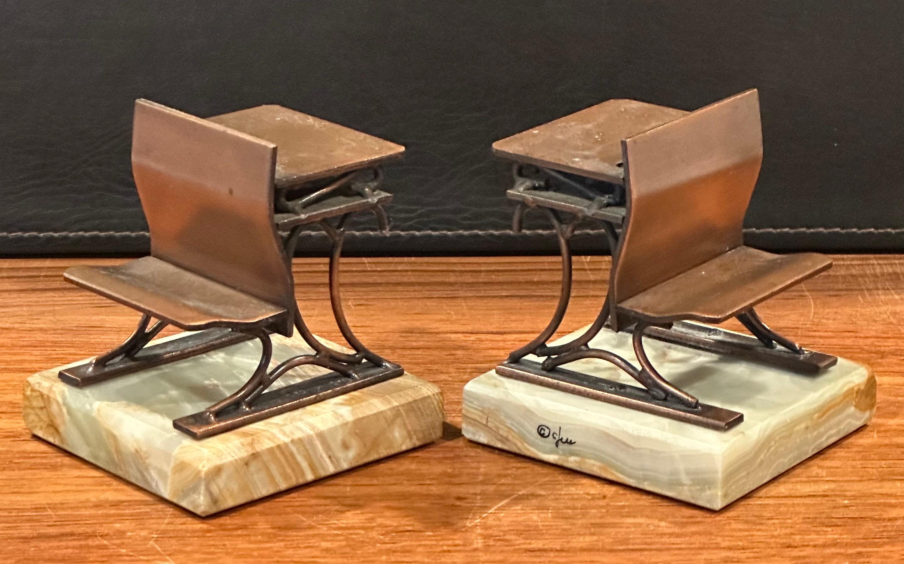 Pair of Vintage Copper School Desks on Onyx Base Bookends by Curtis Jeré 6