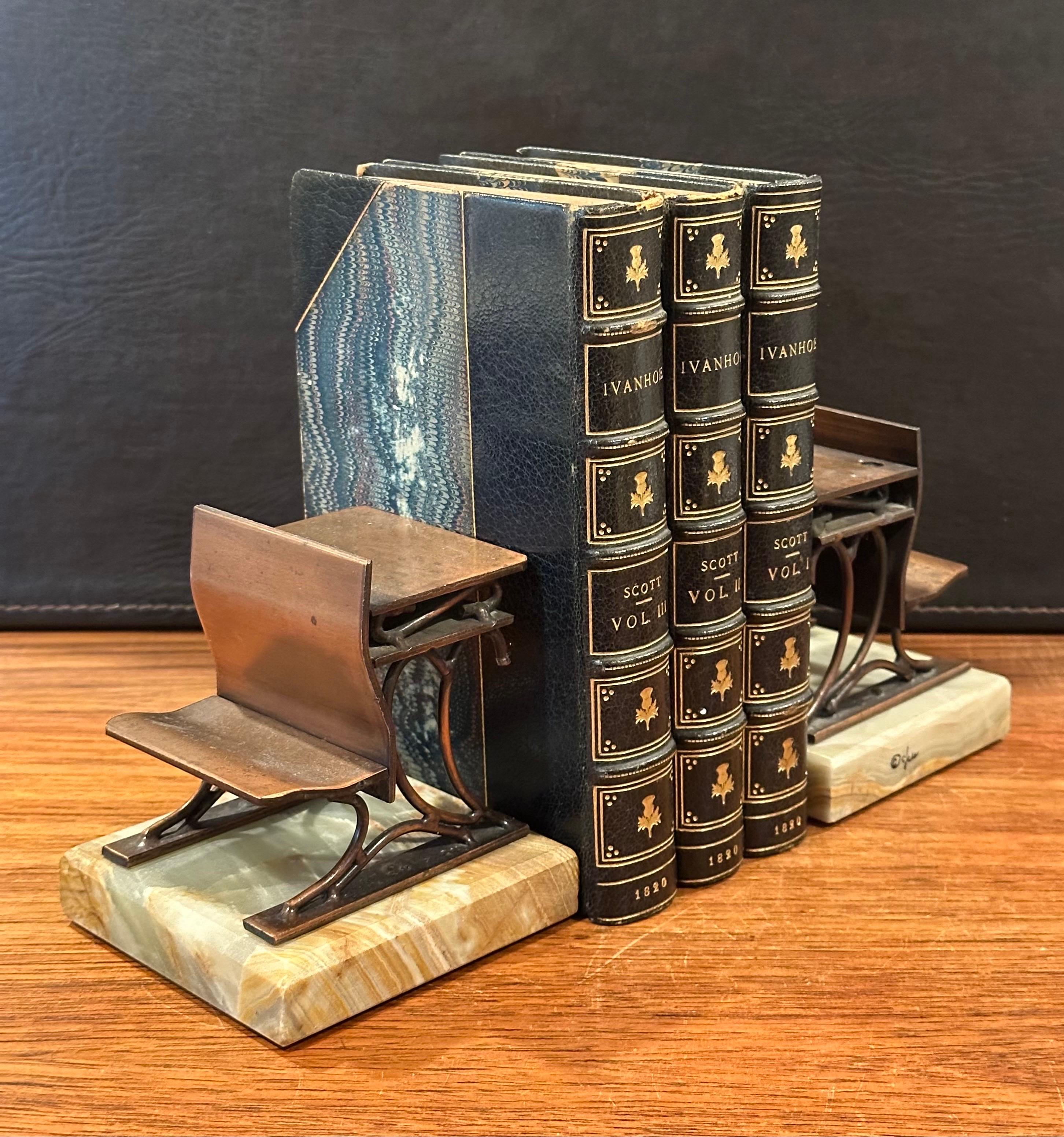 Pair of Vintage Copper School Desks on Onyx Base Bookends by Curtis Jeré In Good Condition In San Diego, CA