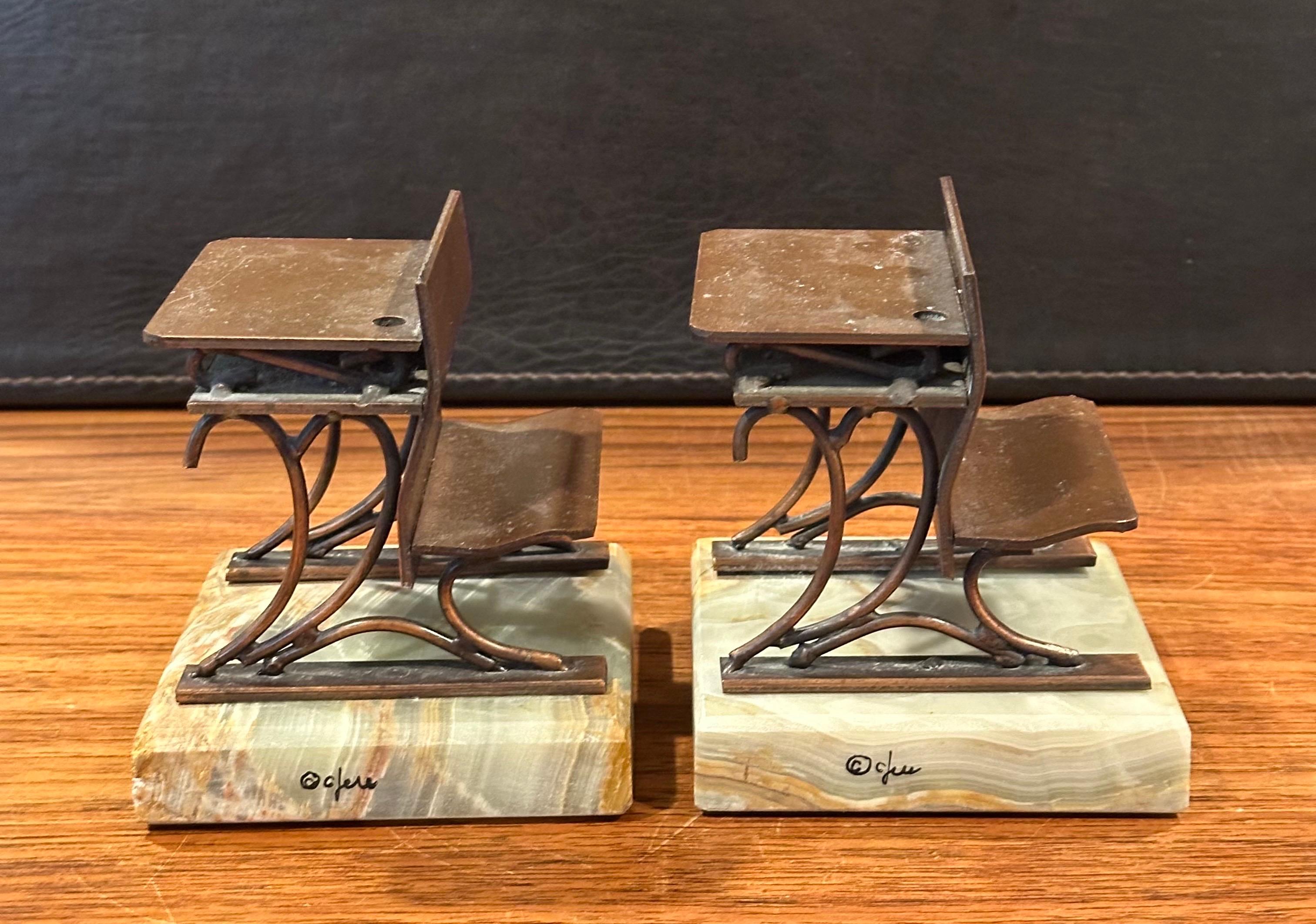 Pair of Vintage Copper School Desks on Onyx Base Bookends by Curtis Jeré 2