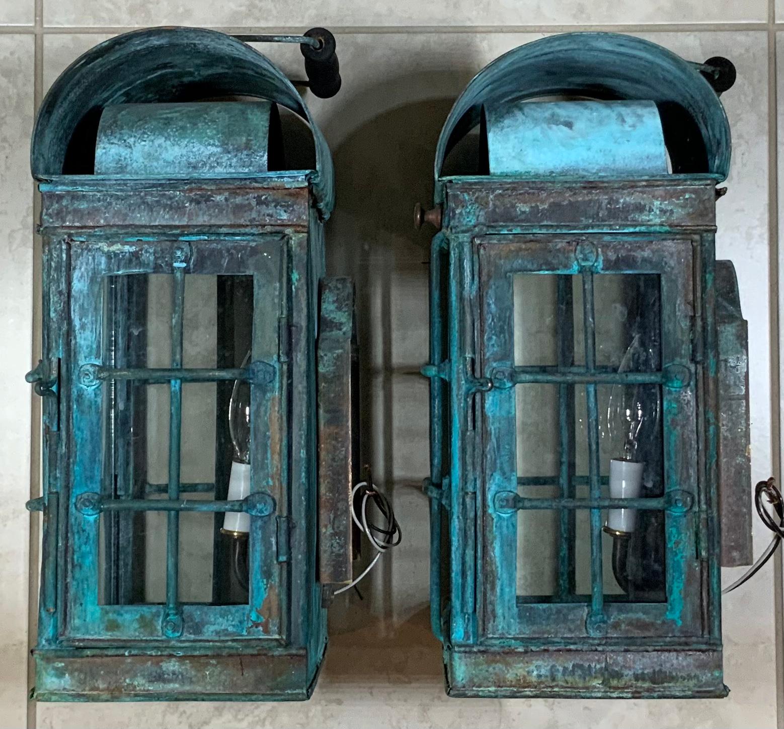 Pair of Vintage Copper Wall Lantern In Good Condition In Delray Beach, FL