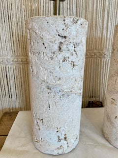 Pair of Vintage Coquina Stone / Key Stone Base Cylindrical Table Lamps