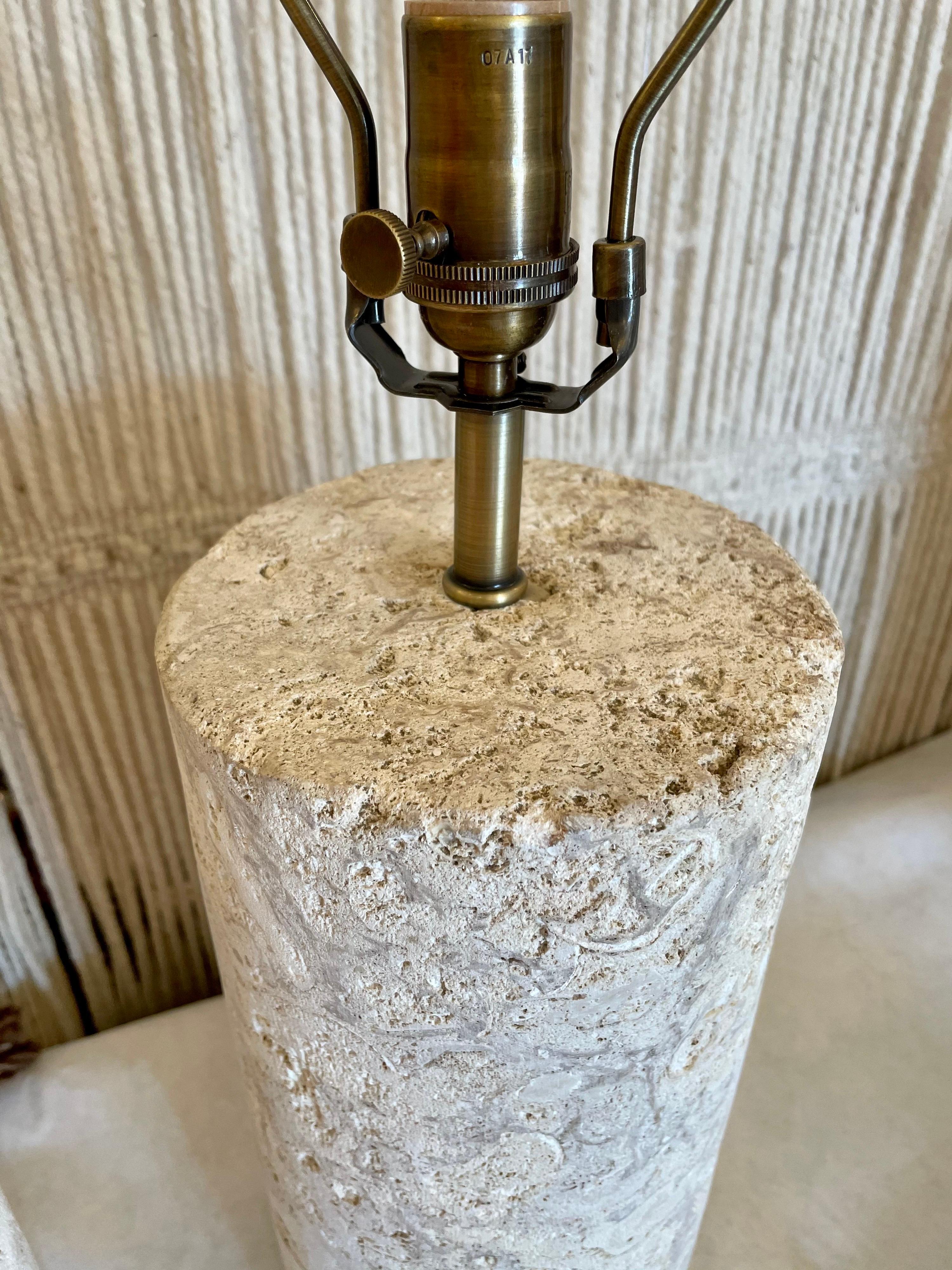 Rustic Pair of Vintage Coquina Stone / Key Stone Base Cylindrical Table Lamps