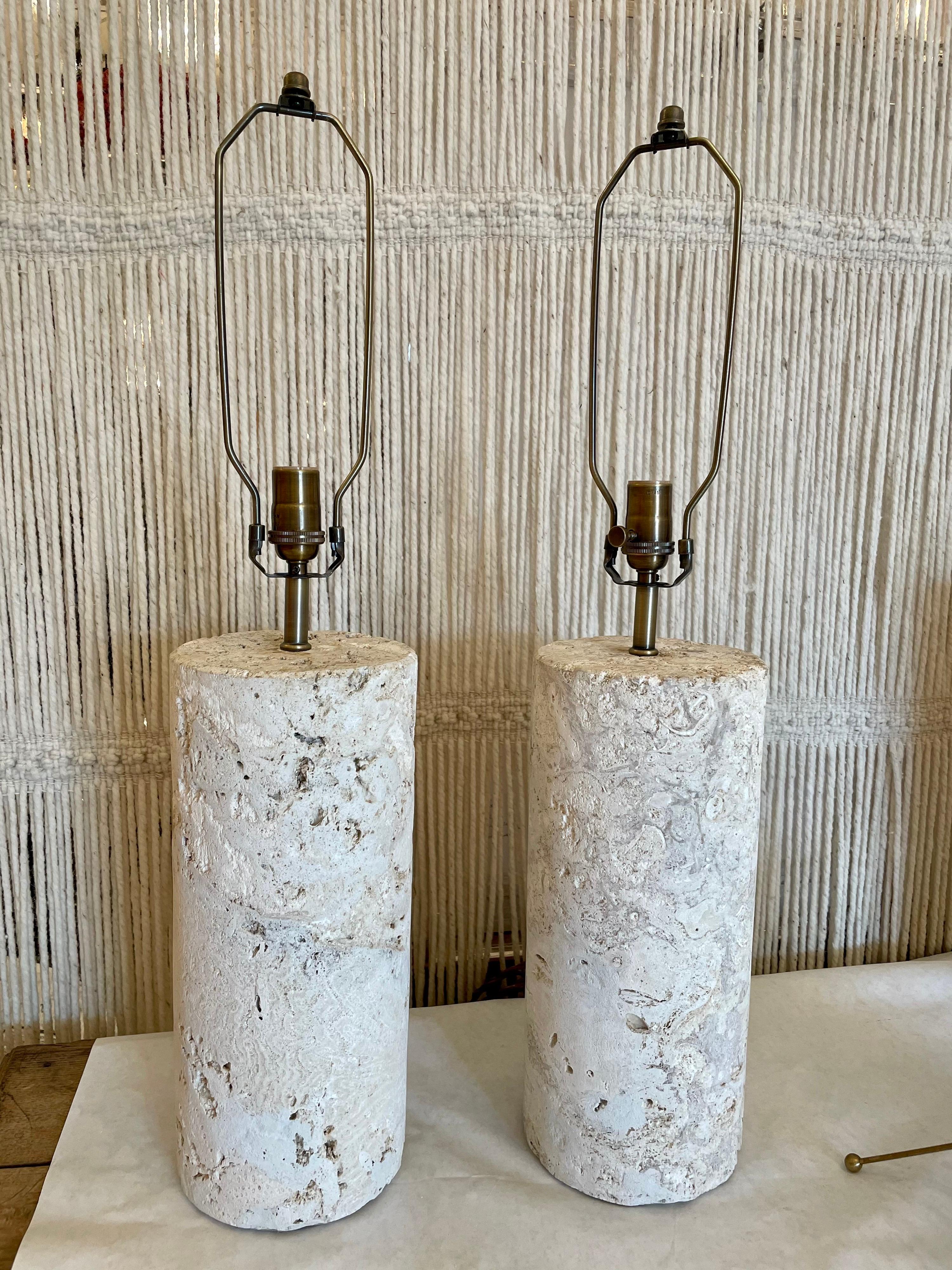 American Pair of Vintage Coquina Stone / Key Stone Base Cylindrical Table Lamps