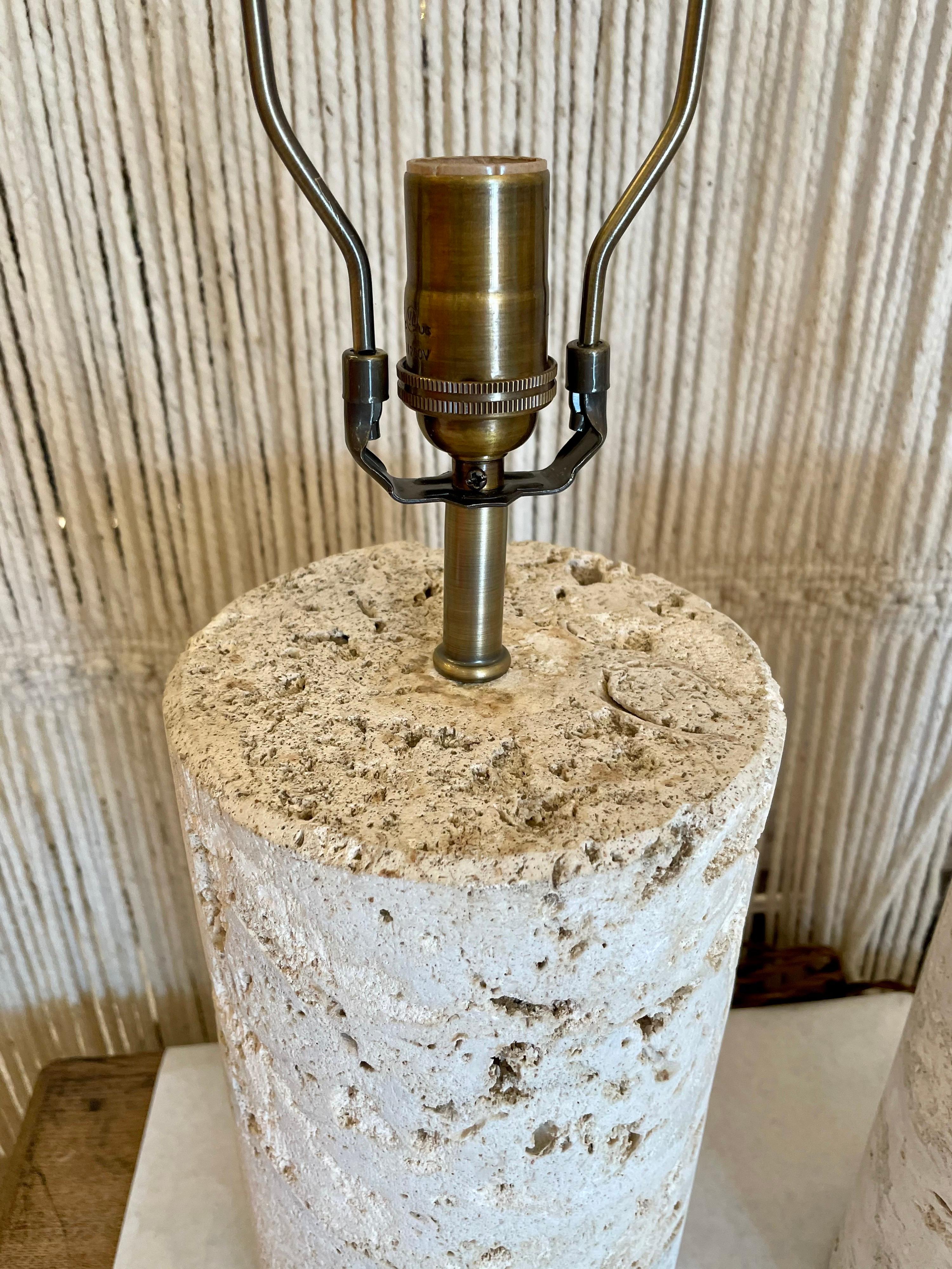 Pair of Vintage Coquina Stone / Key Stone Base Cylindrical Table Lamps In Good Condition In East Hampton, NY