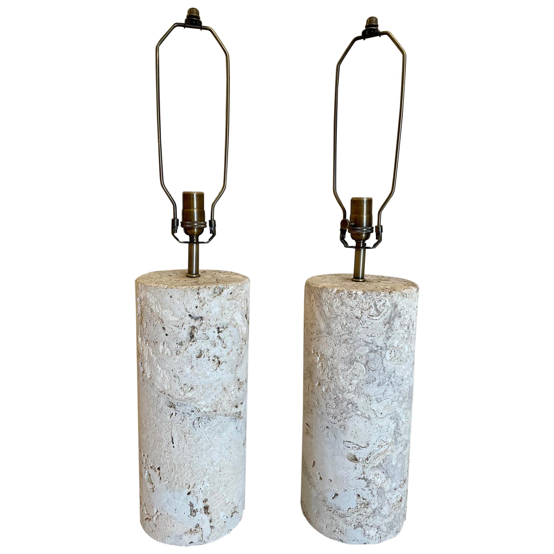 Pair of Vintage Coquina Stone / Key Stone Base Cylindrical Table Lamps