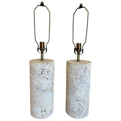 Pair of Vintage Coquina Stone / Key Stone Base Cylindrical Table Lamps