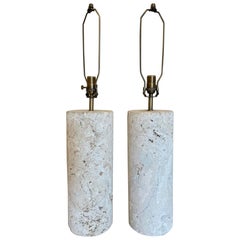 Pair of Vintage Coquina Stone or Key Stone Base Cylindrical Table Lamps
