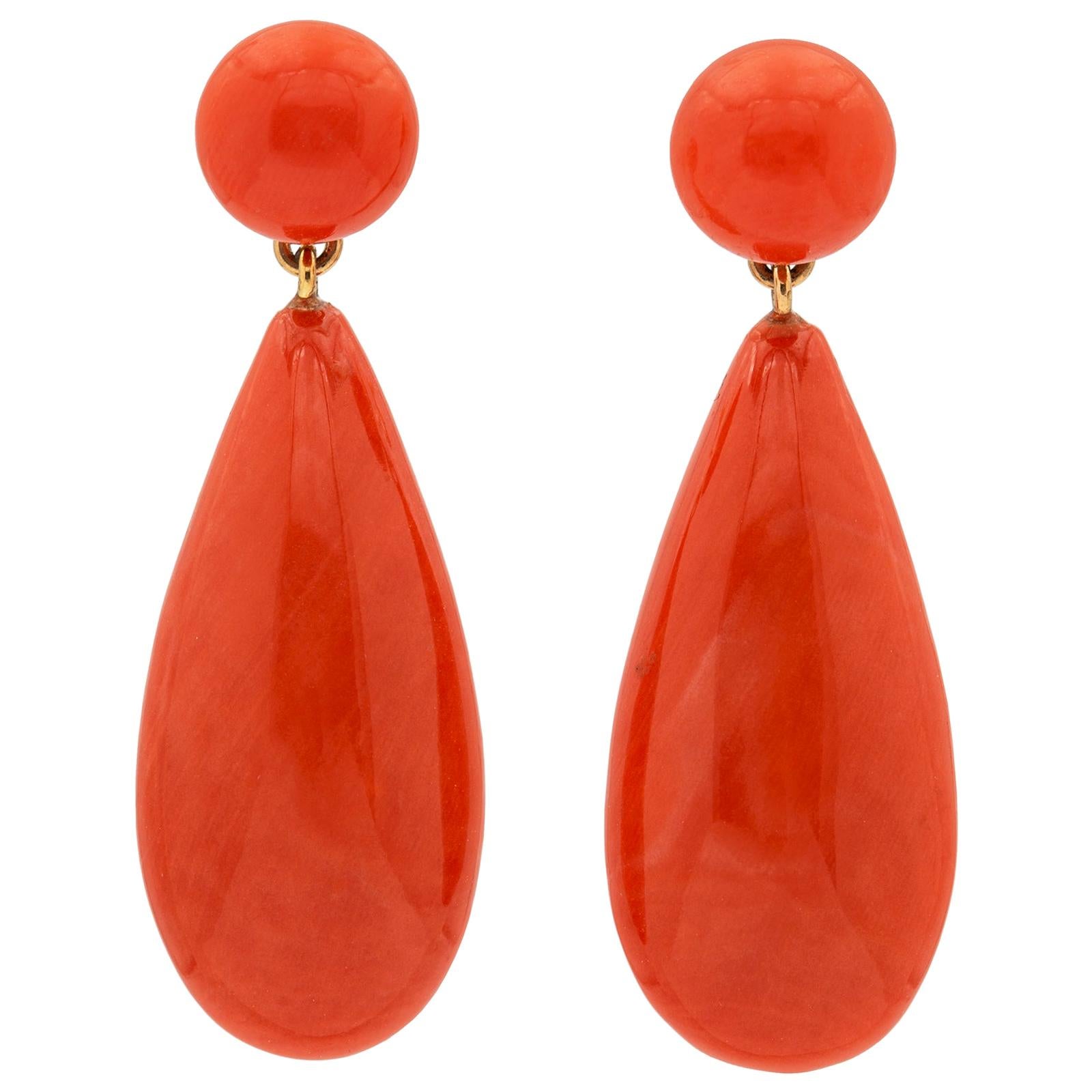 Antique Carved Coral Gold Drop Earrings at 1stDibs