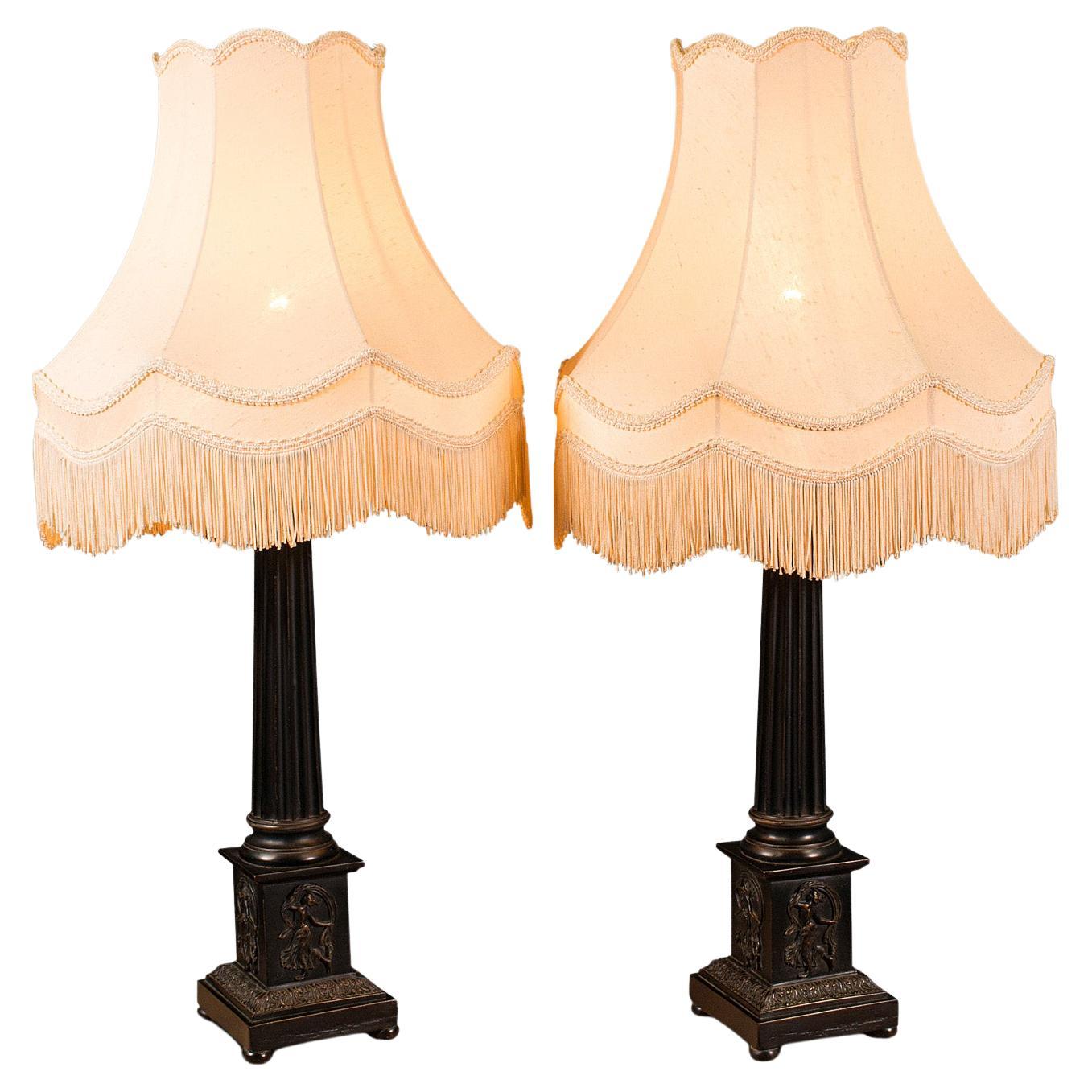 Pair of Vintage Corinthian Lamps, English, Bronzed, Table Light, Classical Taste For Sale