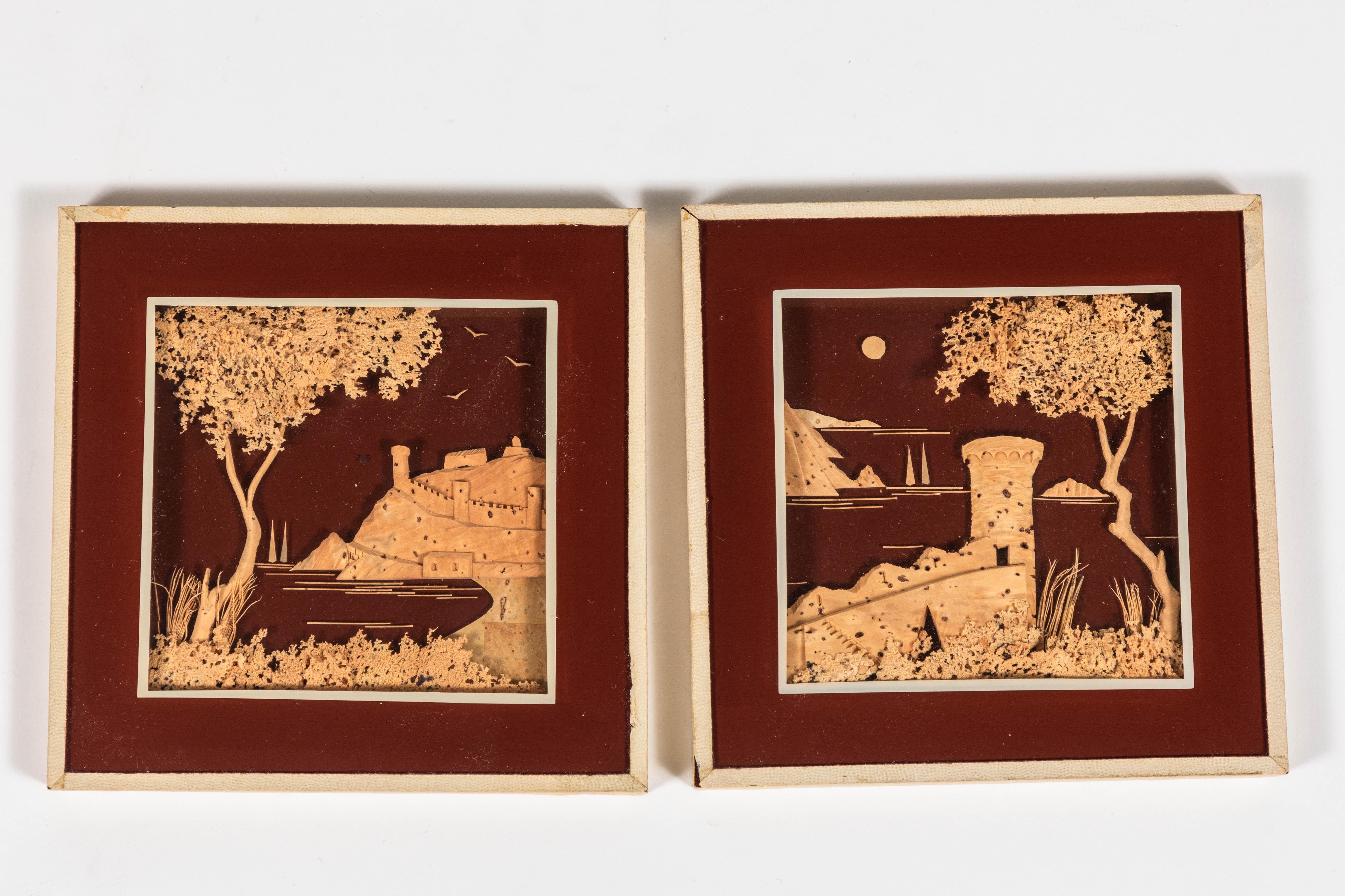Pair of vintage cork tri-dimensional / diorama landscapes of castles, from England.