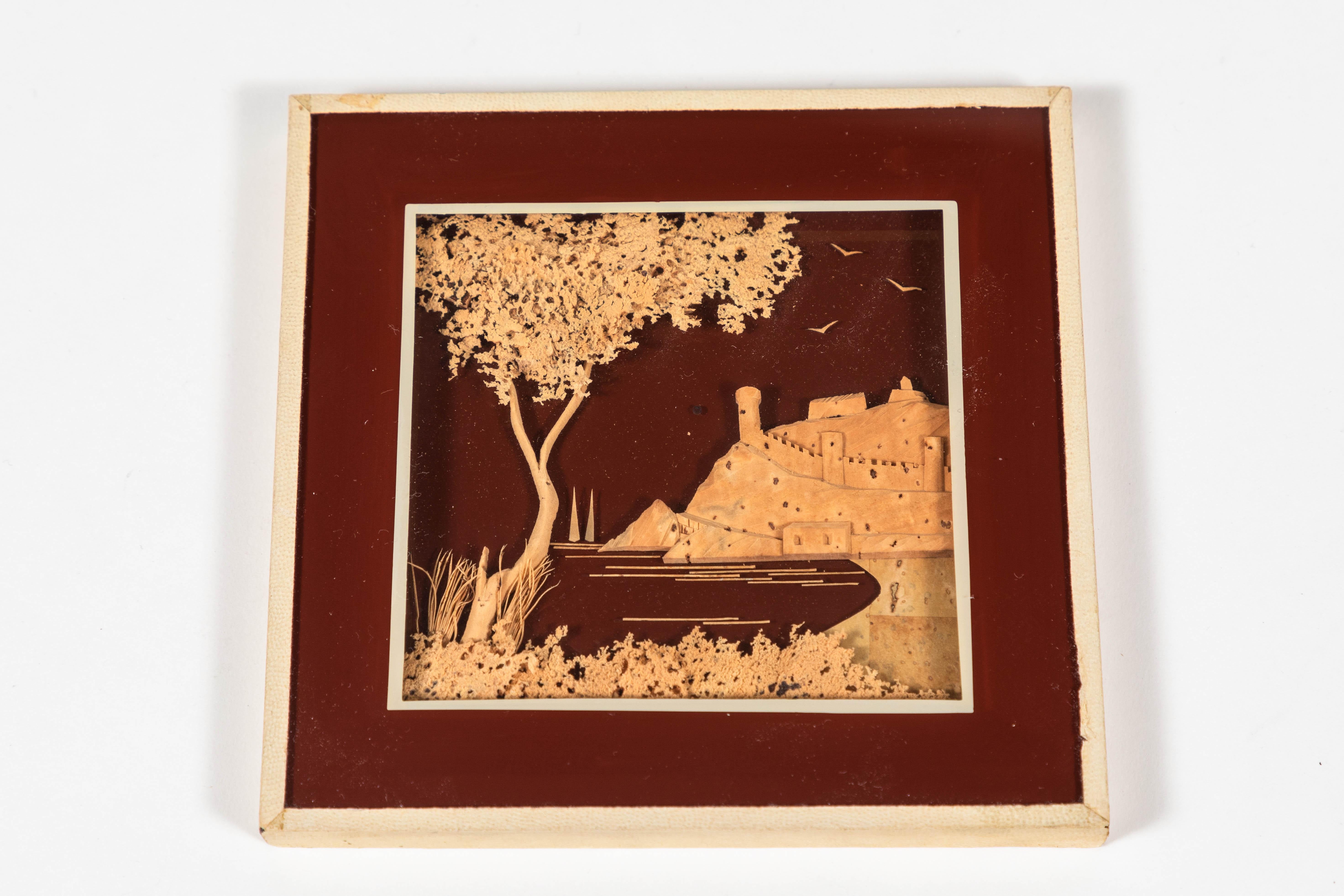 Hand-Carved Pair of Vintage Cork Diorama Landscapes of Castles from England