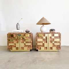 Pair of Vintage Cork Nightstands With Brass Detail Bedside Table 70s MCM