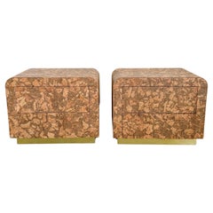 Pair of Vintage Cork Nightstands With Brass Trim Bottom Bedside Table 