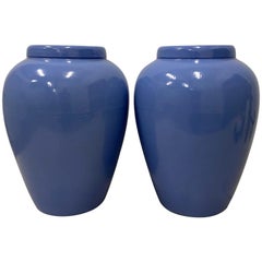 Pair of Vintage Cornflower Blue Oil Storage Jars, circa 1930