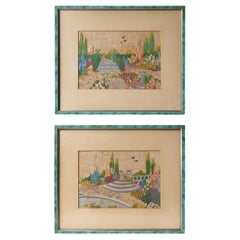 Pair Of Vintage Country House Garden Embroideries In Faux Malachite Frames 1930s