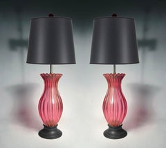 Pair of Vintage Cranberry Color Murano Glass Lamps by Barovier