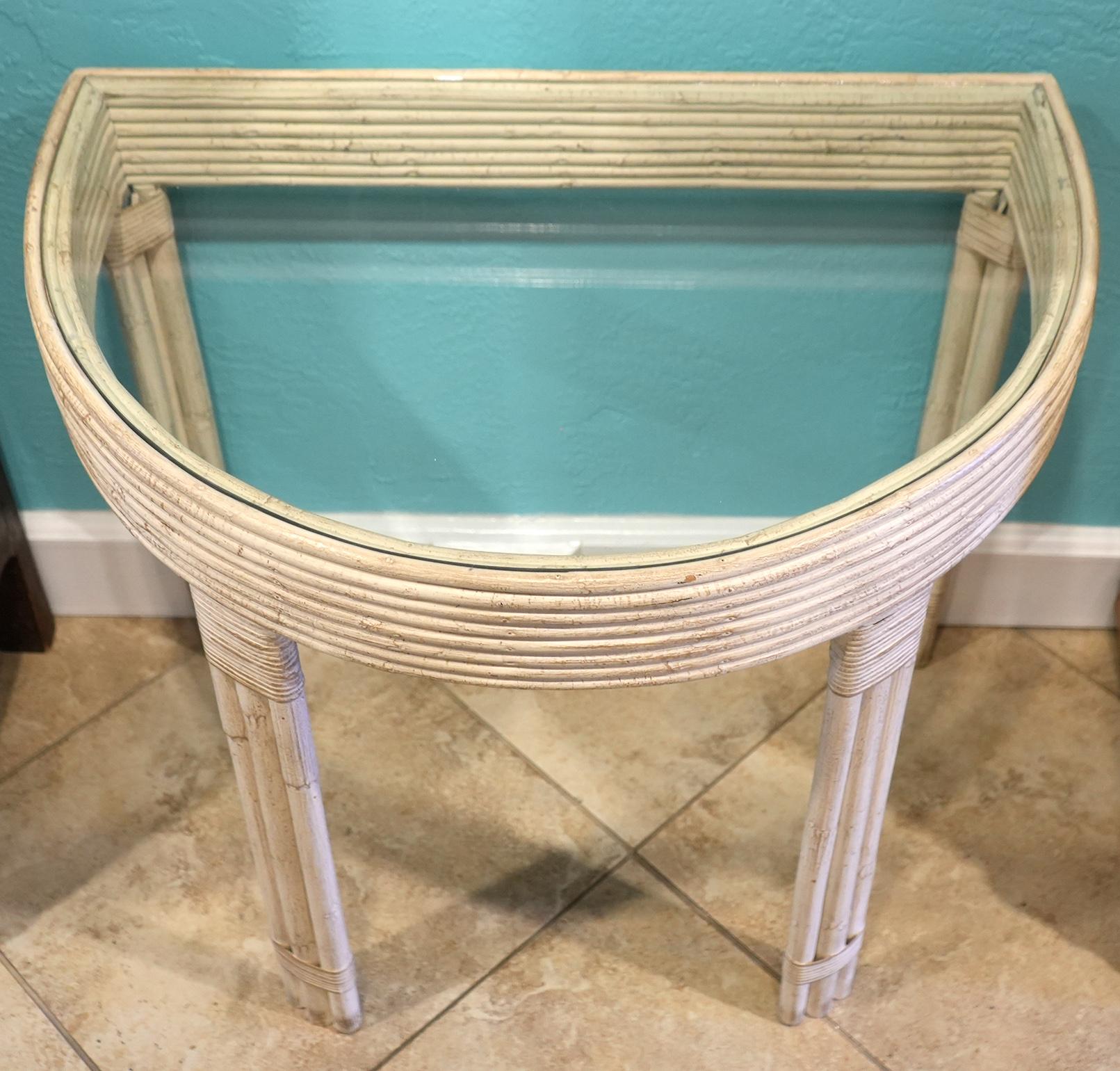 Pair of Vintage Crespi Style Painted Bamboo and Reed Glass Top Console Tables In Good Condition In Ft. Lauderdale, FL