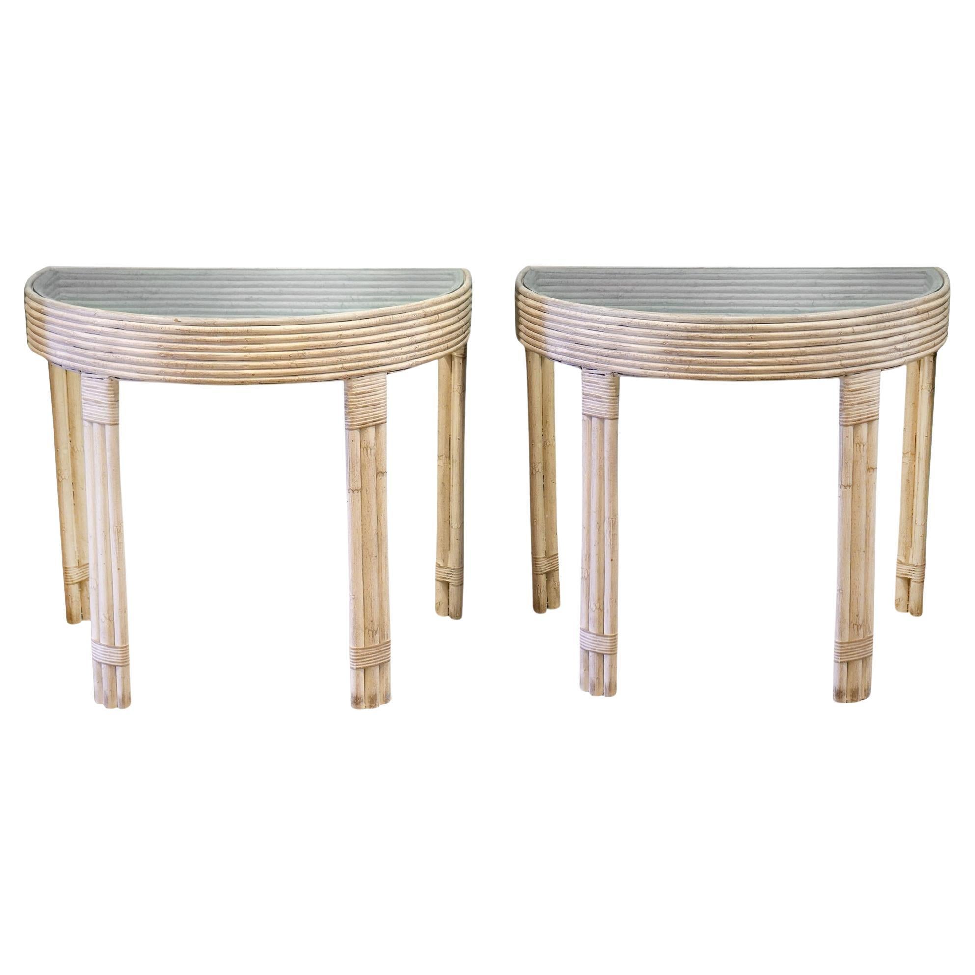 Pair of Vintage Crespi Style Painted Bamboo and Reed Glass Top Console Tables