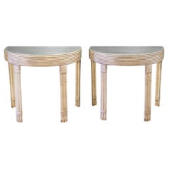 Pair of Vintage Crespi Style Painted Bamboo and Reed Glass Top Console Tables