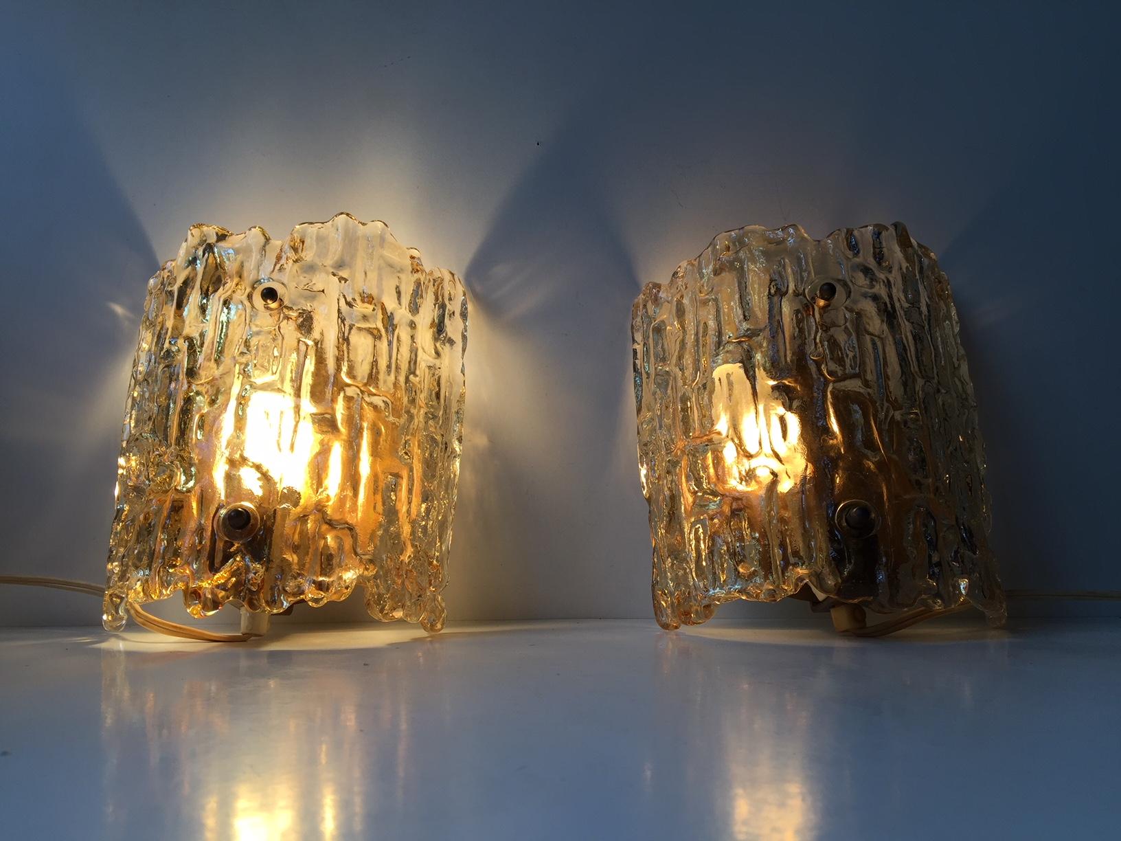Mid-Century Modern Vintage Crystal and Brass Wall Sconces by Carl Fagerlund for Orrefors, 1960s For Sale