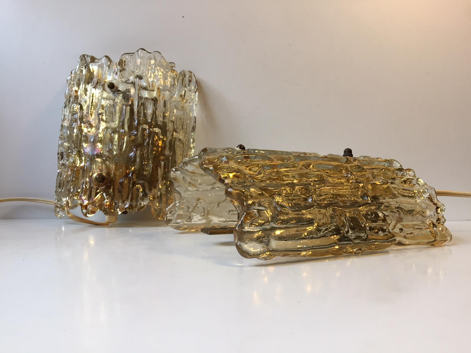 Swedish Vintage Crystal and Brass Wall Sconces by Carl Fagerlund for Orrefors, 1960s For Sale
