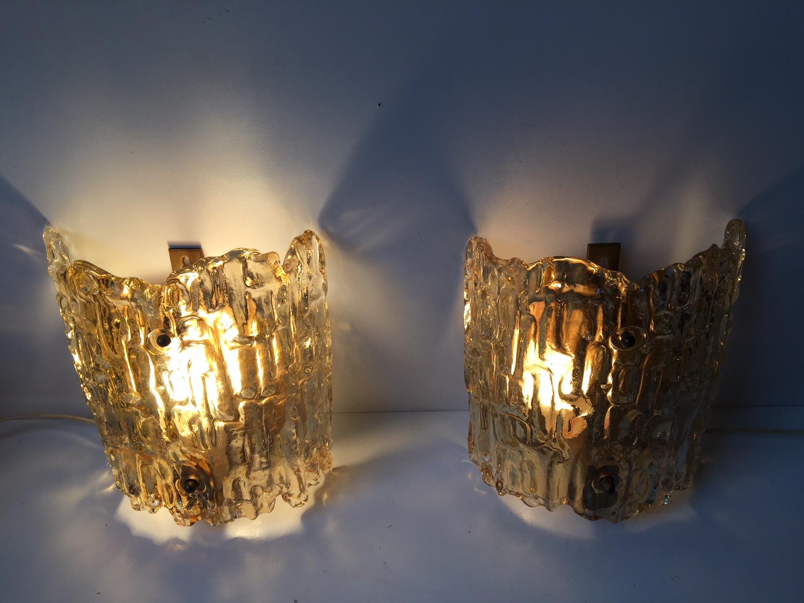 Mid-20th Century Vintage Crystal and Brass Wall Sconces by Carl Fagerlund for Orrefors, 1960s For Sale