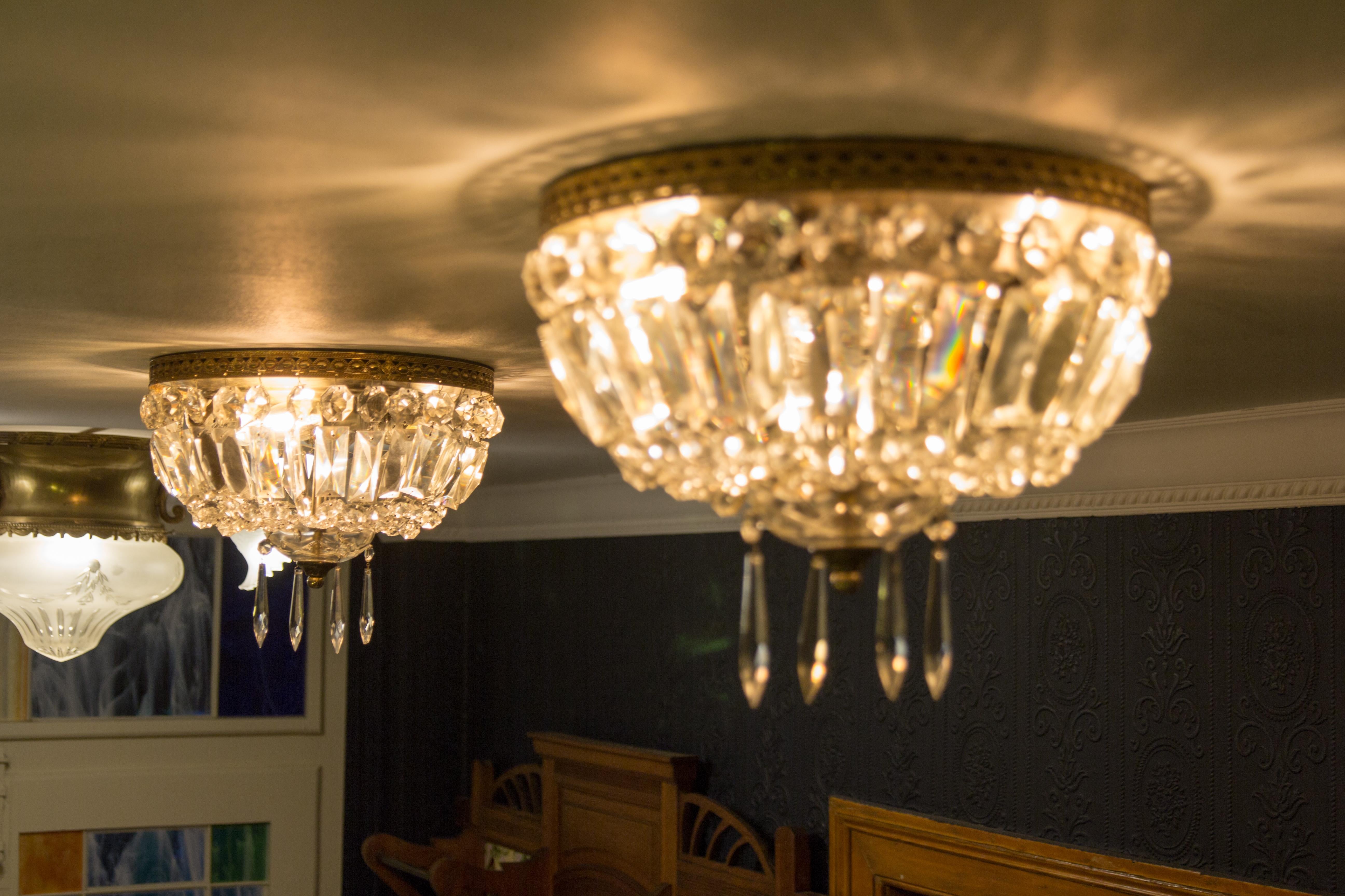 Pair of French Vintage Crystal and Brass Three-Light Ceiling Fixtures 5