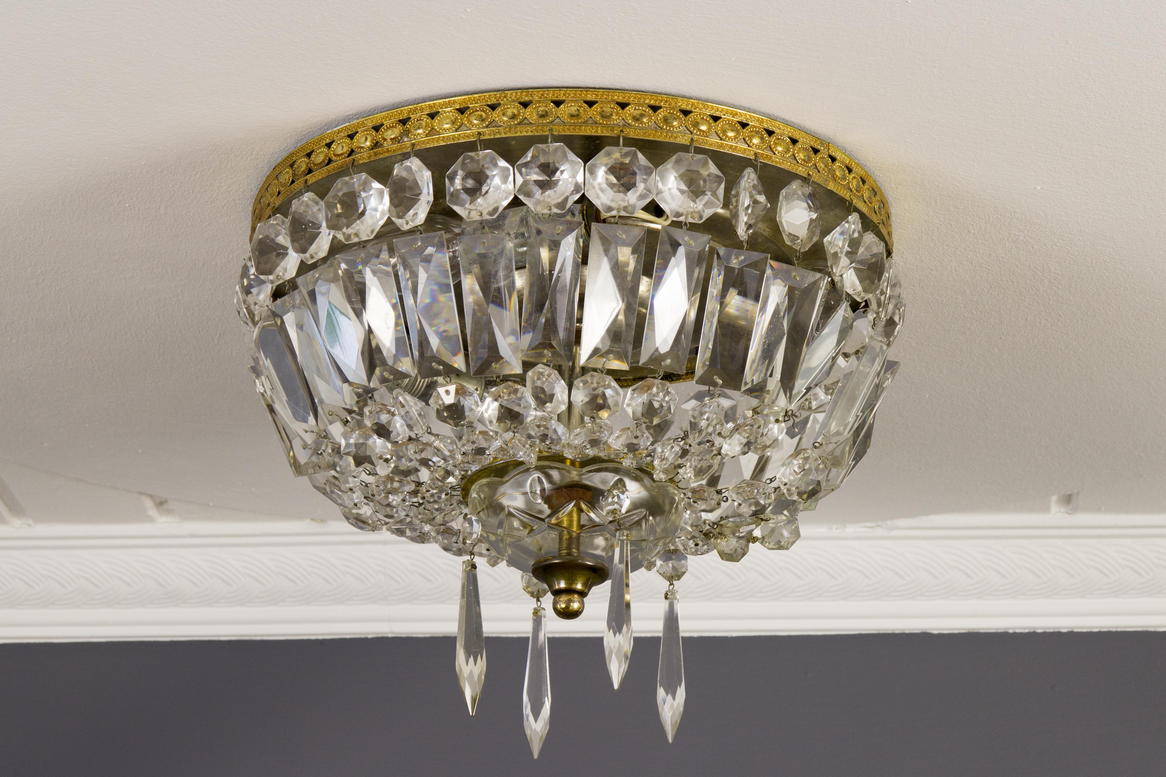 Pair of French Vintage Crystal and Brass Three-Light Ceiling Fixtures 10