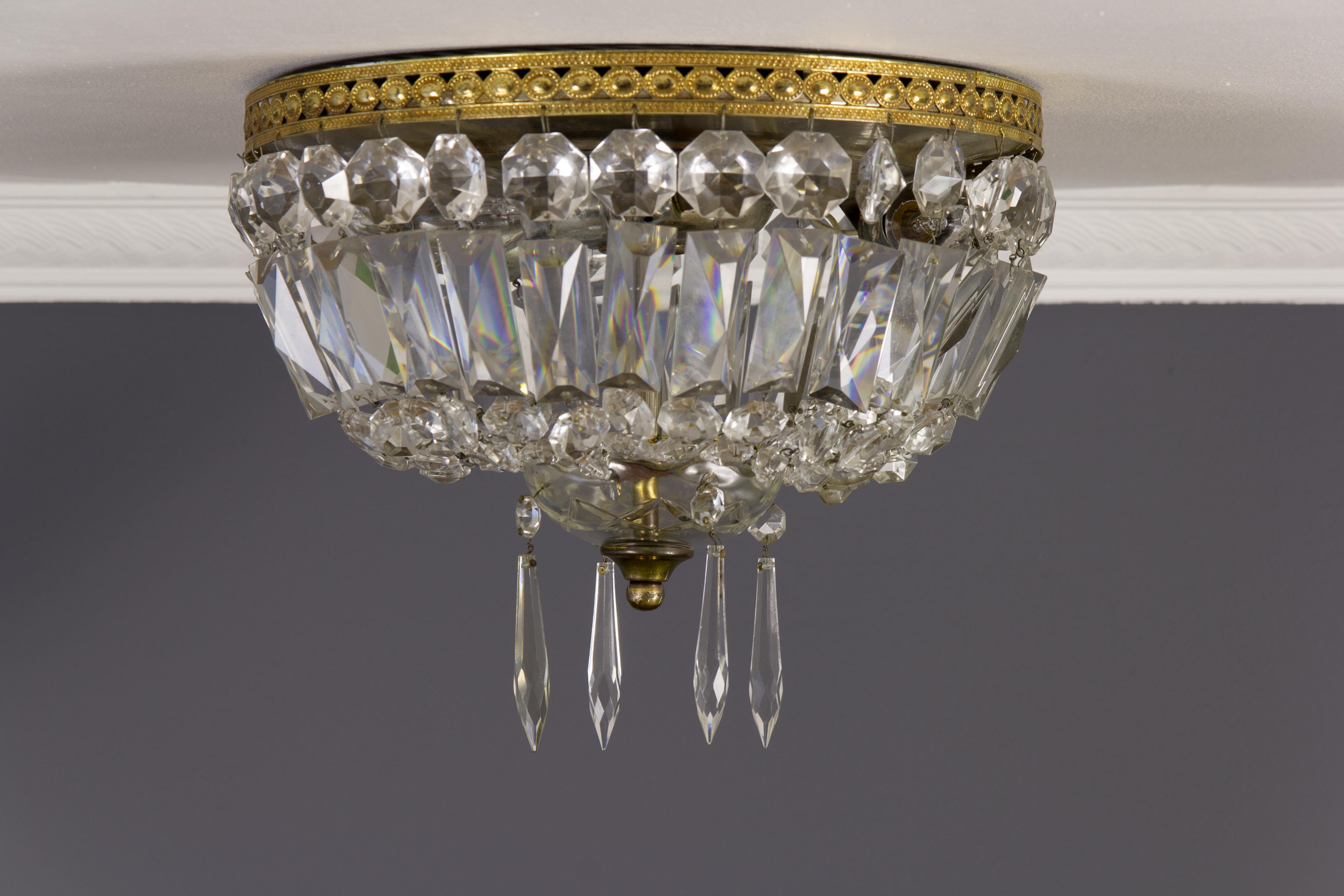 Pair of French Vintage Crystal and Brass Three-Light Ceiling Fixtures 14