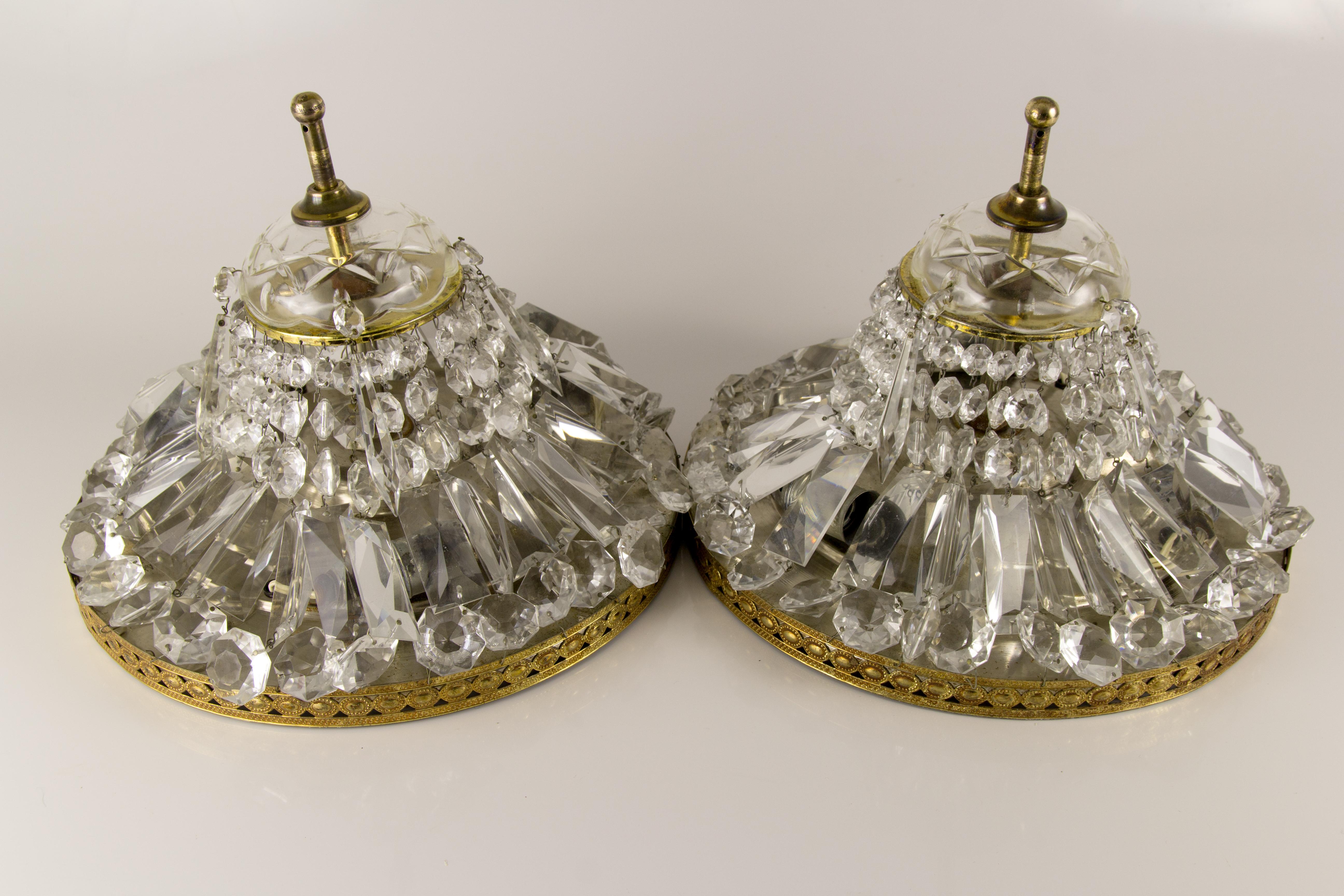 Mid-20th Century Pair of French Vintage Crystal and Brass Three-Light Ceiling Fixtures
