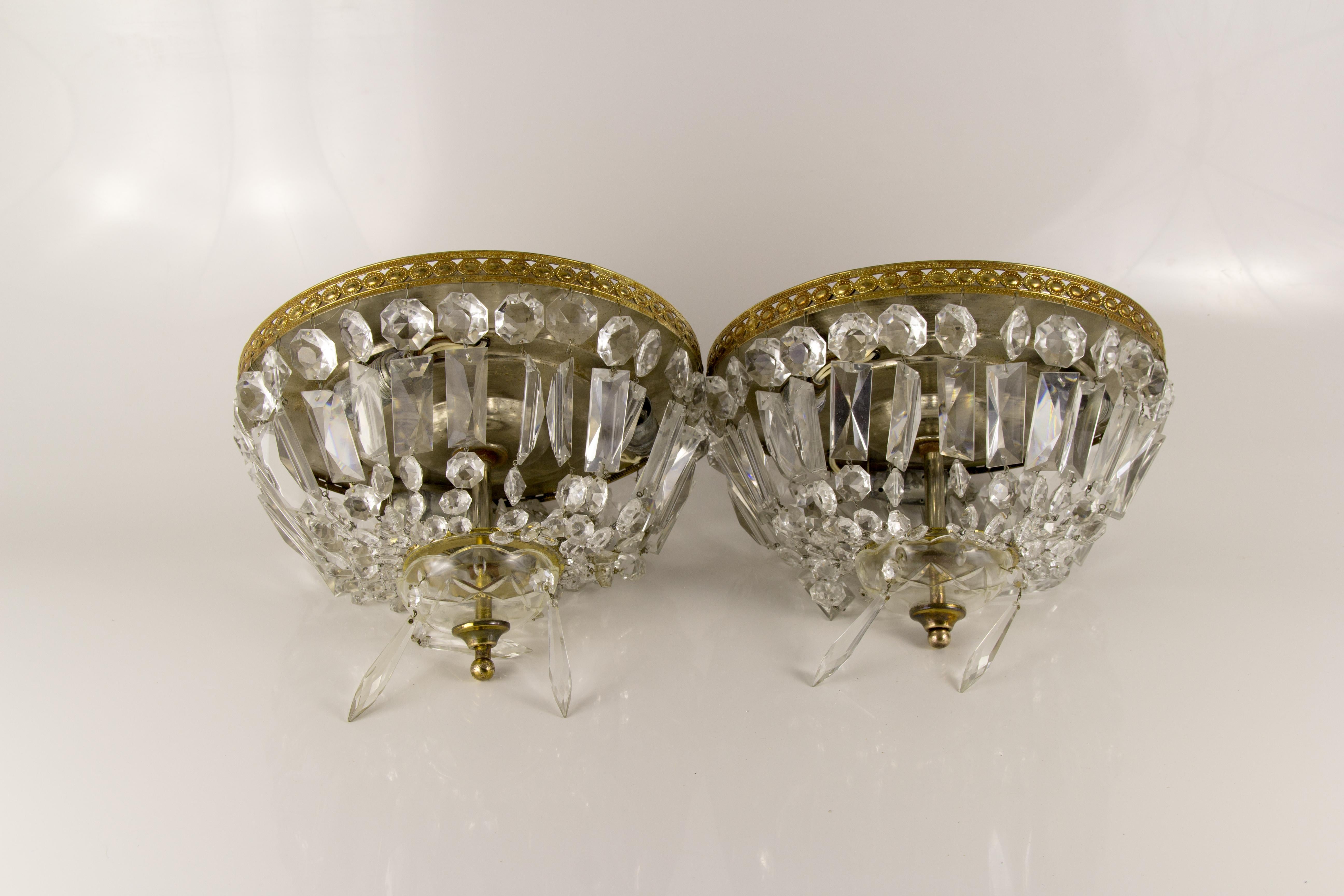Pair of French Vintage Crystal and Brass Three-Light Ceiling Fixtures 2