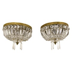 Pair of Vintage Crystal and Brass Three-Light Ceiling Fixtures
