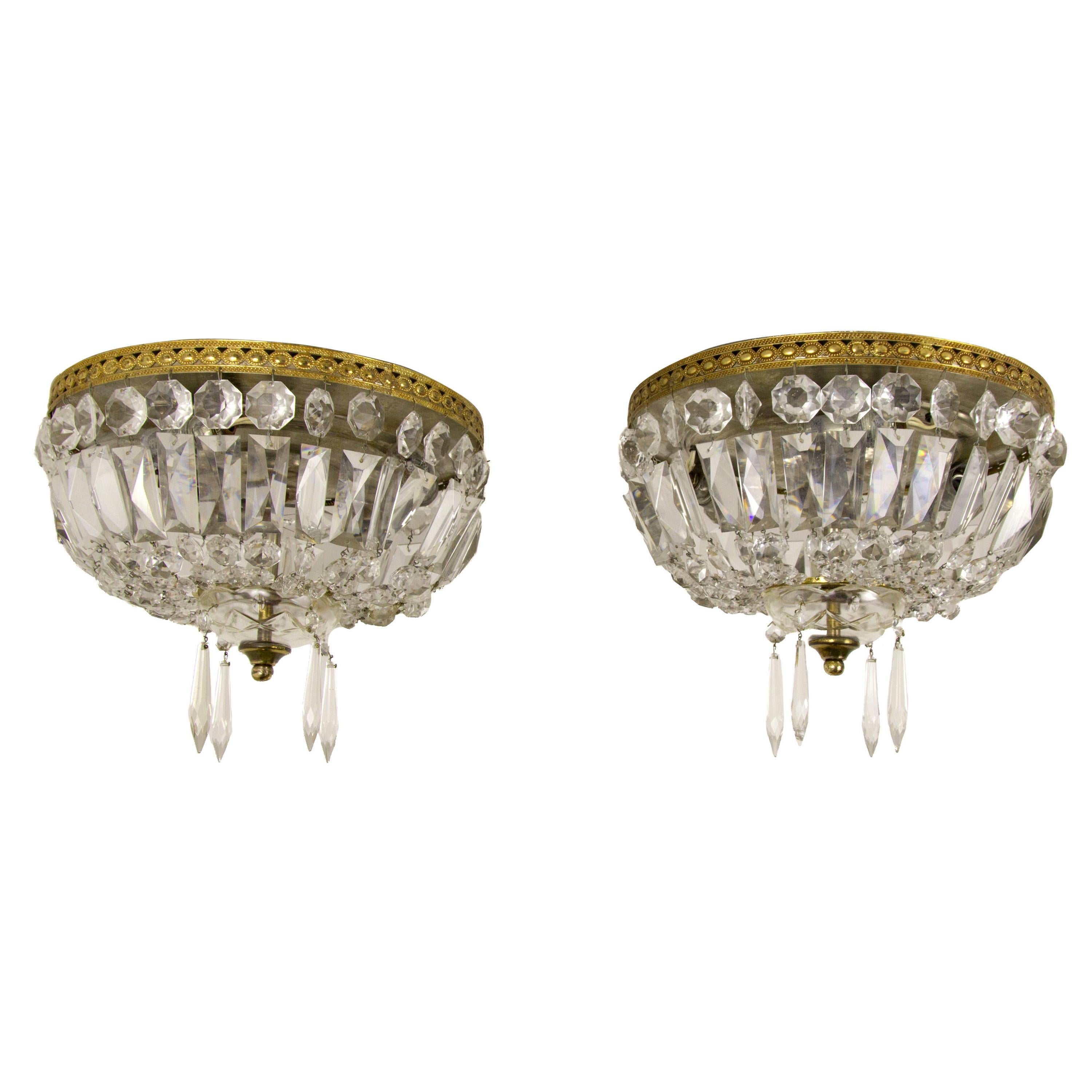 Pair of French Vintage Crystal and Brass Three-Light Ceiling Fixtures