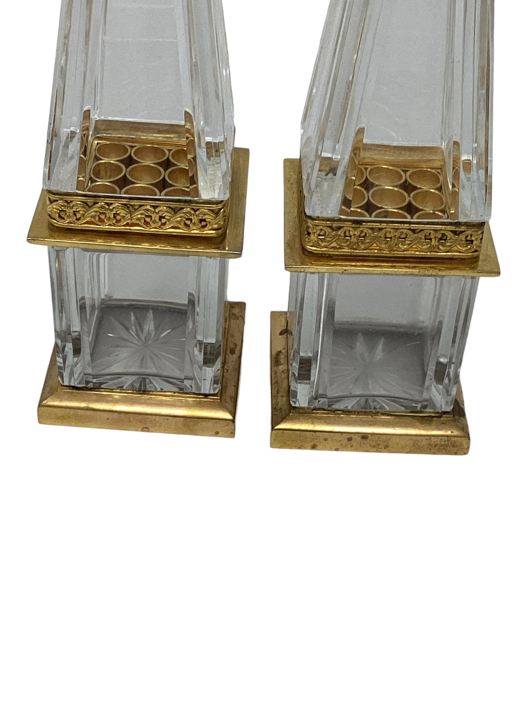 Neoclassical Pair of Vintage Crystal and Gilt Bronze Obelisks For Sale