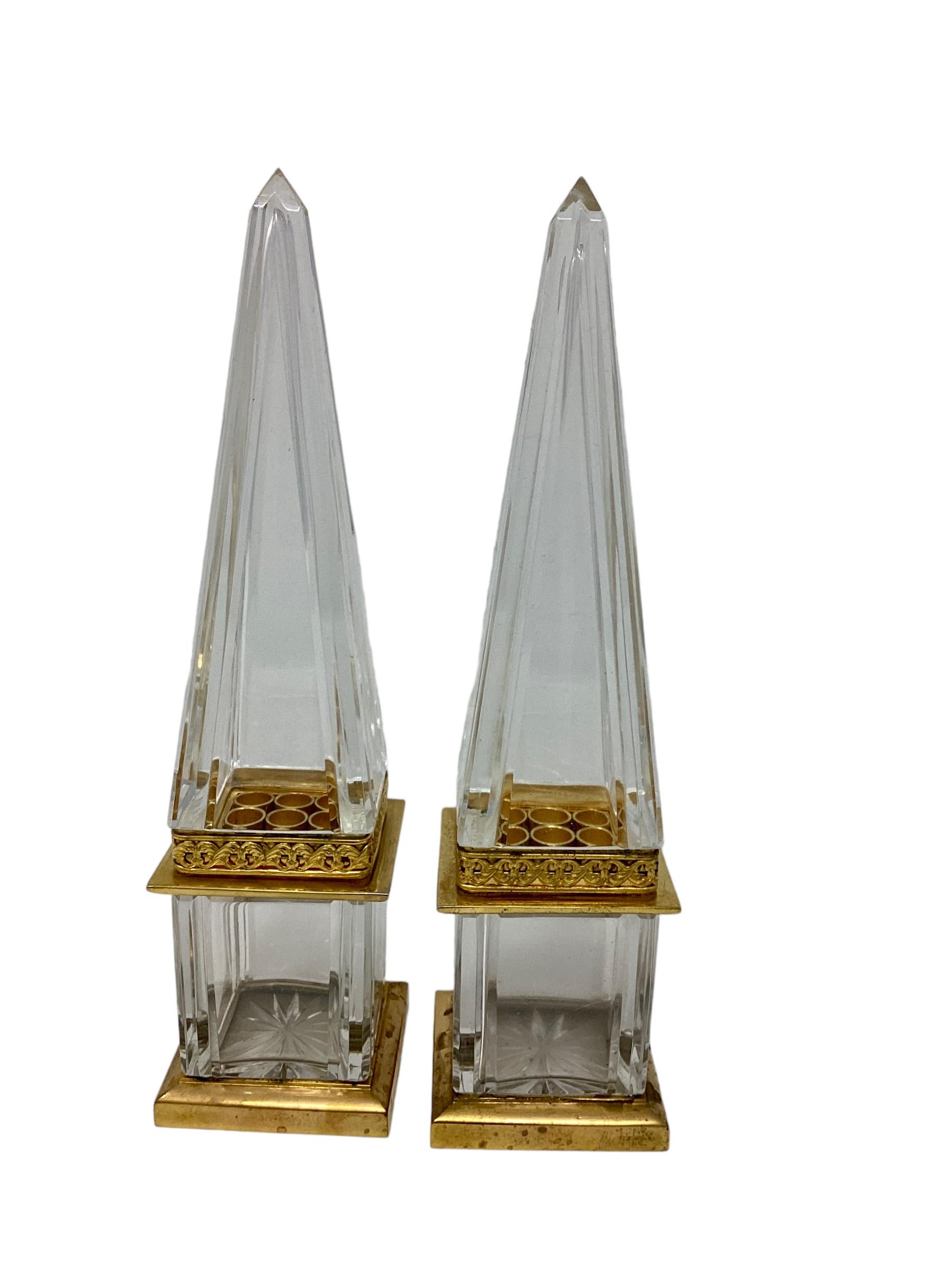 French Pair of Vintage Crystal and Gilt Bronze Obelisks For Sale